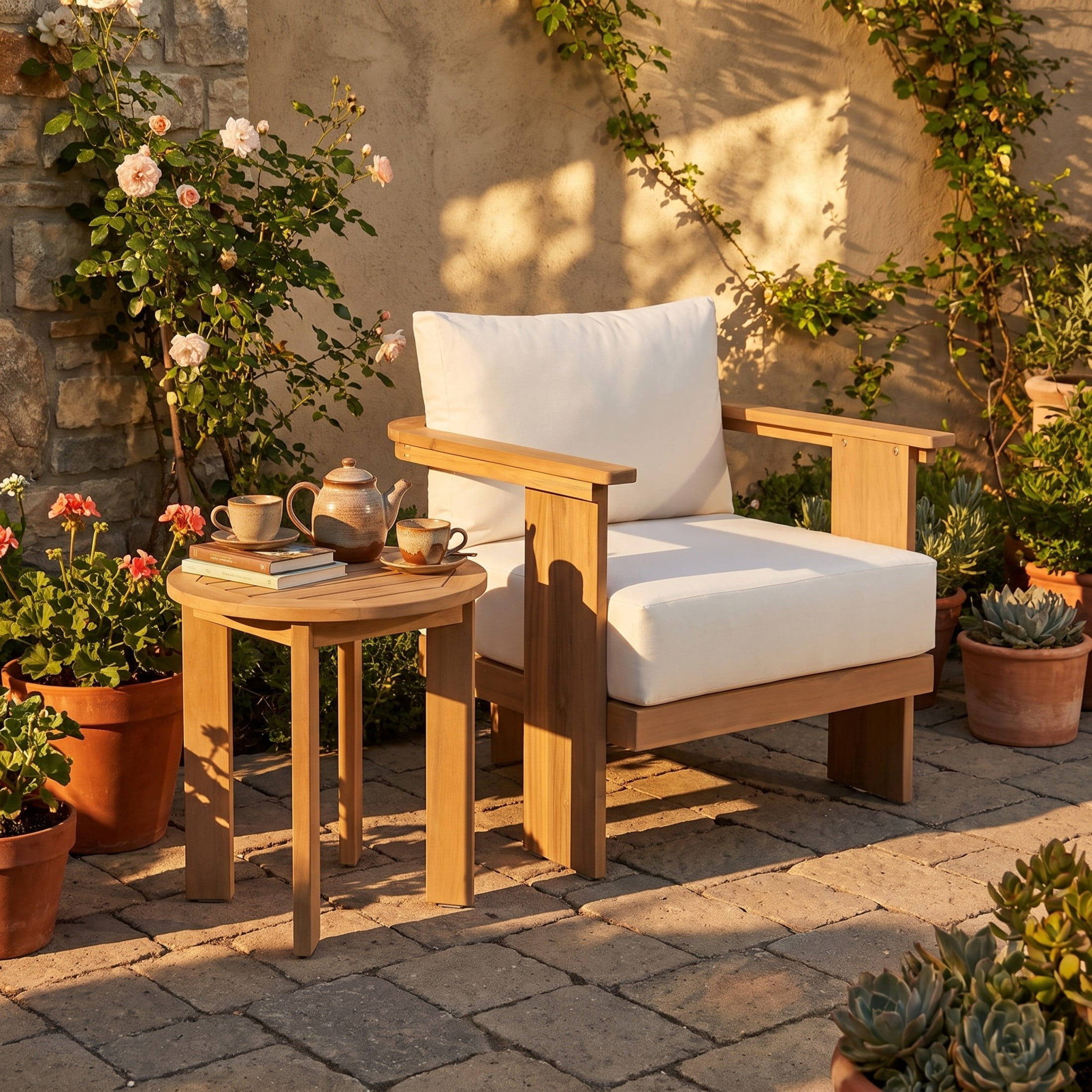 Christopher Knight Home 2-Piece Acacia Wood Patio Lounge Chair Set with Side Table, Light Teak+Beige