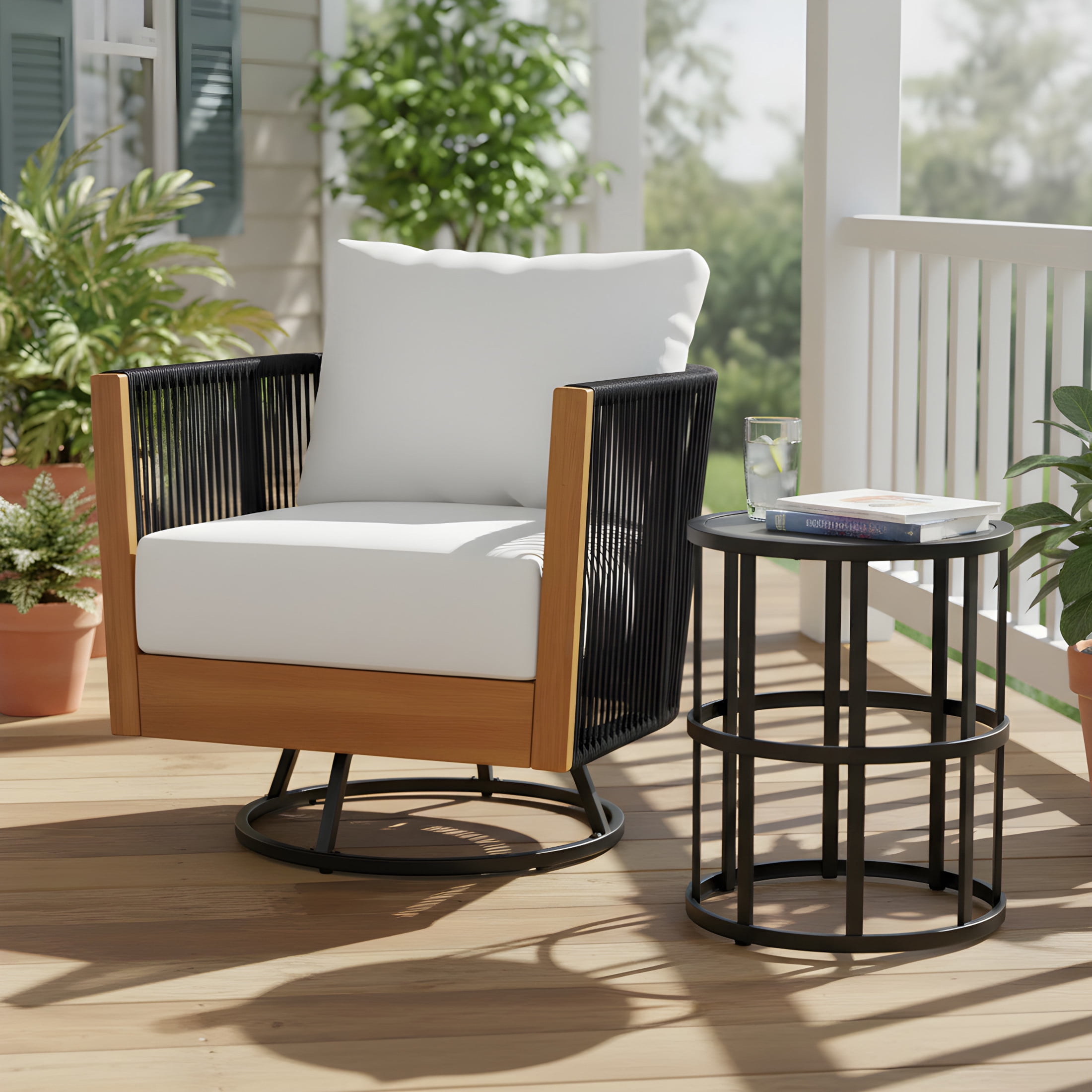 Christopher Knight Home 2-Piece Acacia Wood Swivel Chair and Ceramic Side Table Set, Natural + Black