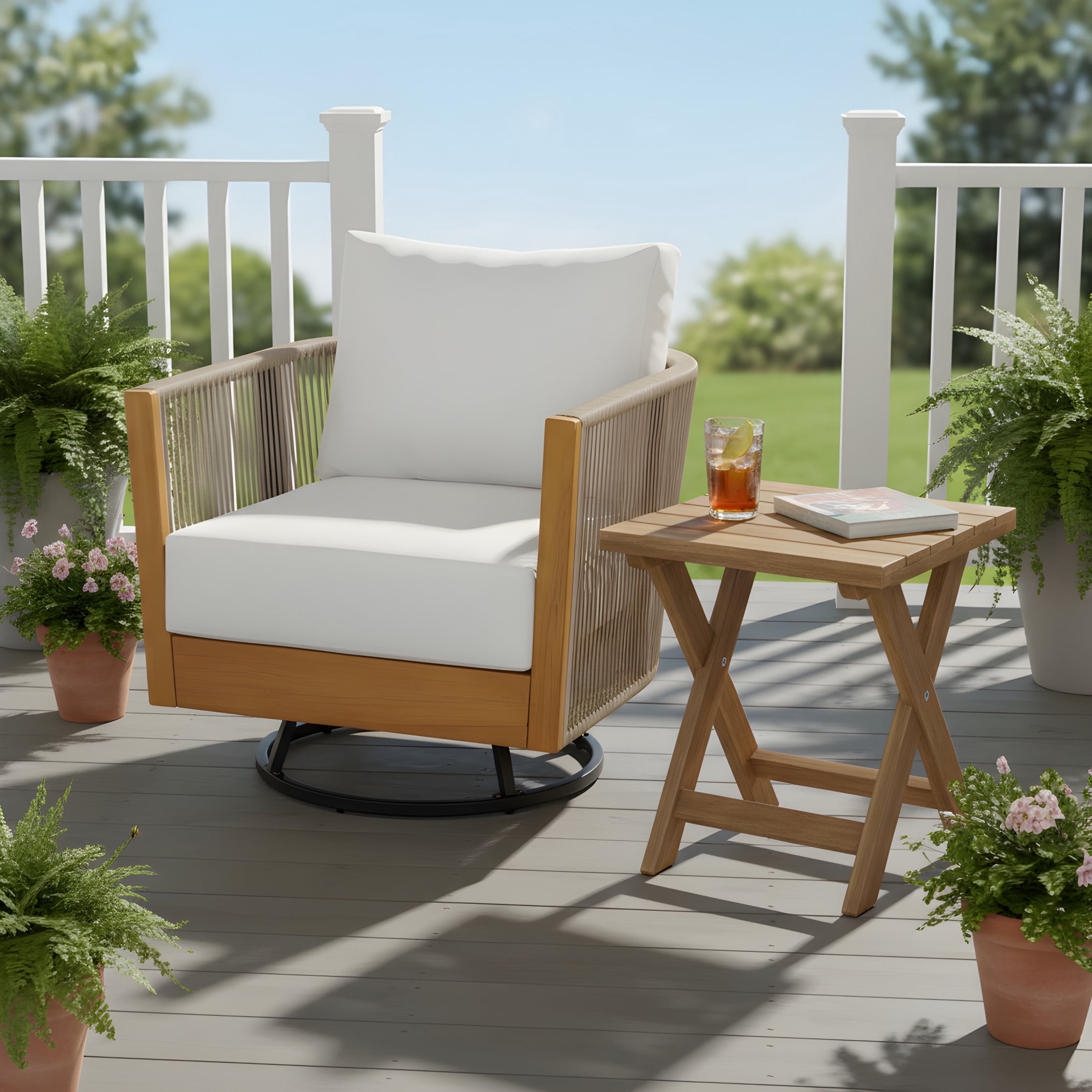 Christopher Knight Home 2-Piece Acacia Wood Swivel Chair and Side Table Set, Natural + Beige