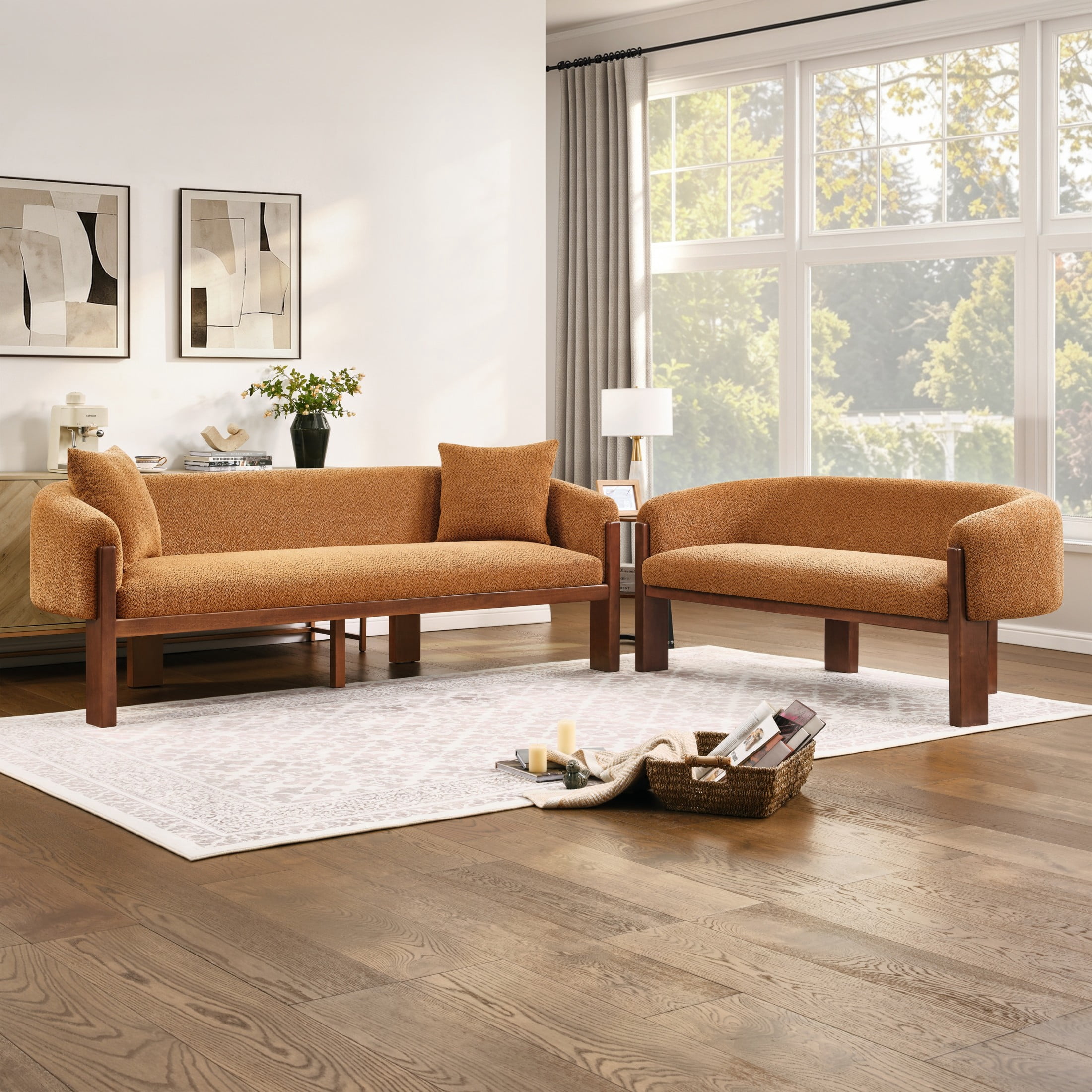Christopher Knight Home 2-Piece Boucle Sofa and Loveseat Set with Pillows, 5 Seats, Wood Legs, Caramel
