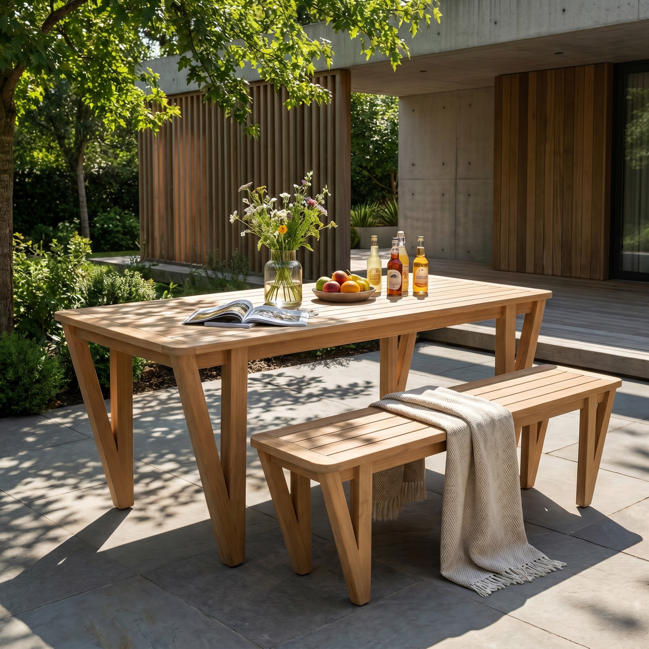 Christopher Knight Home 2-Piece Farmhouse Acacia Wood Patio Dining Table with Bench, Light Teak