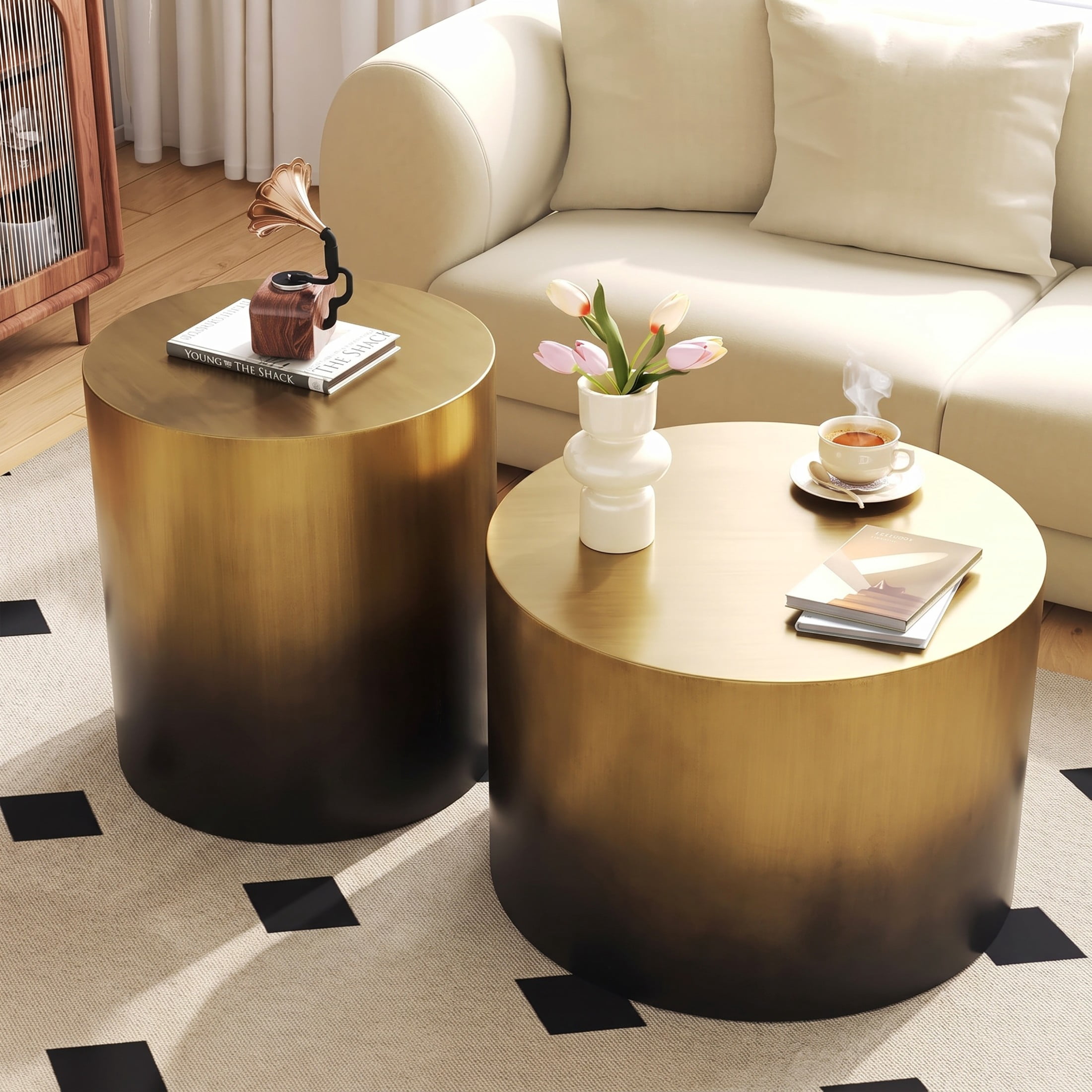 Christopher Knight Home 2-Piece Iron Cylinder Round Drum Coffee and Side Table Set, Antique Brass