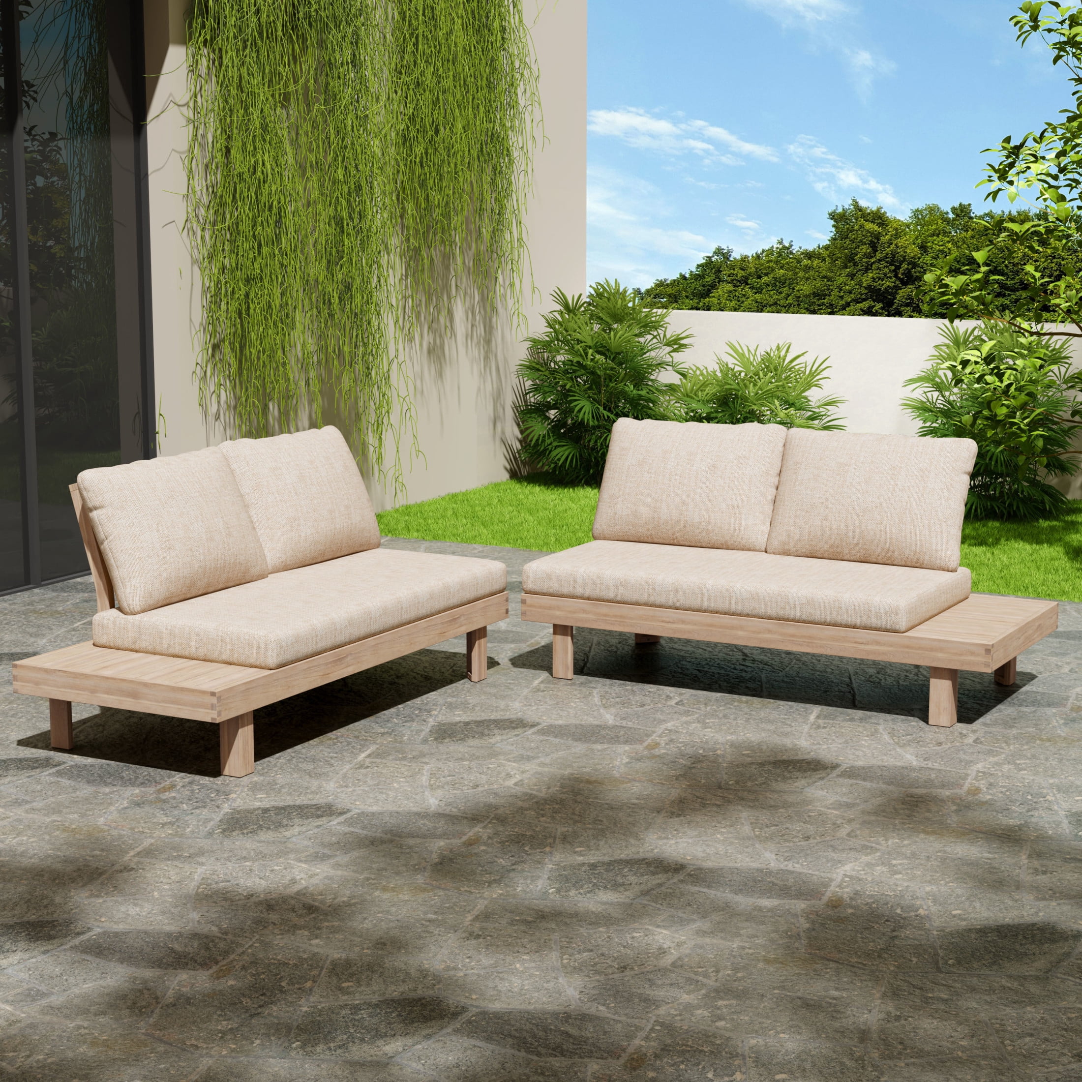 Christopher Knight Home 2-Piece Left and Right Outdoor Sofa Set, Wood Frame with Cushions, Light White+Sand