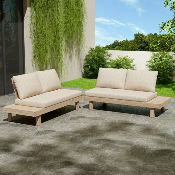 Christopher Knight Home 2-Piece Left and Right Outdoor Sofa Set, Wood Frame with Cushions, Light White Sand
