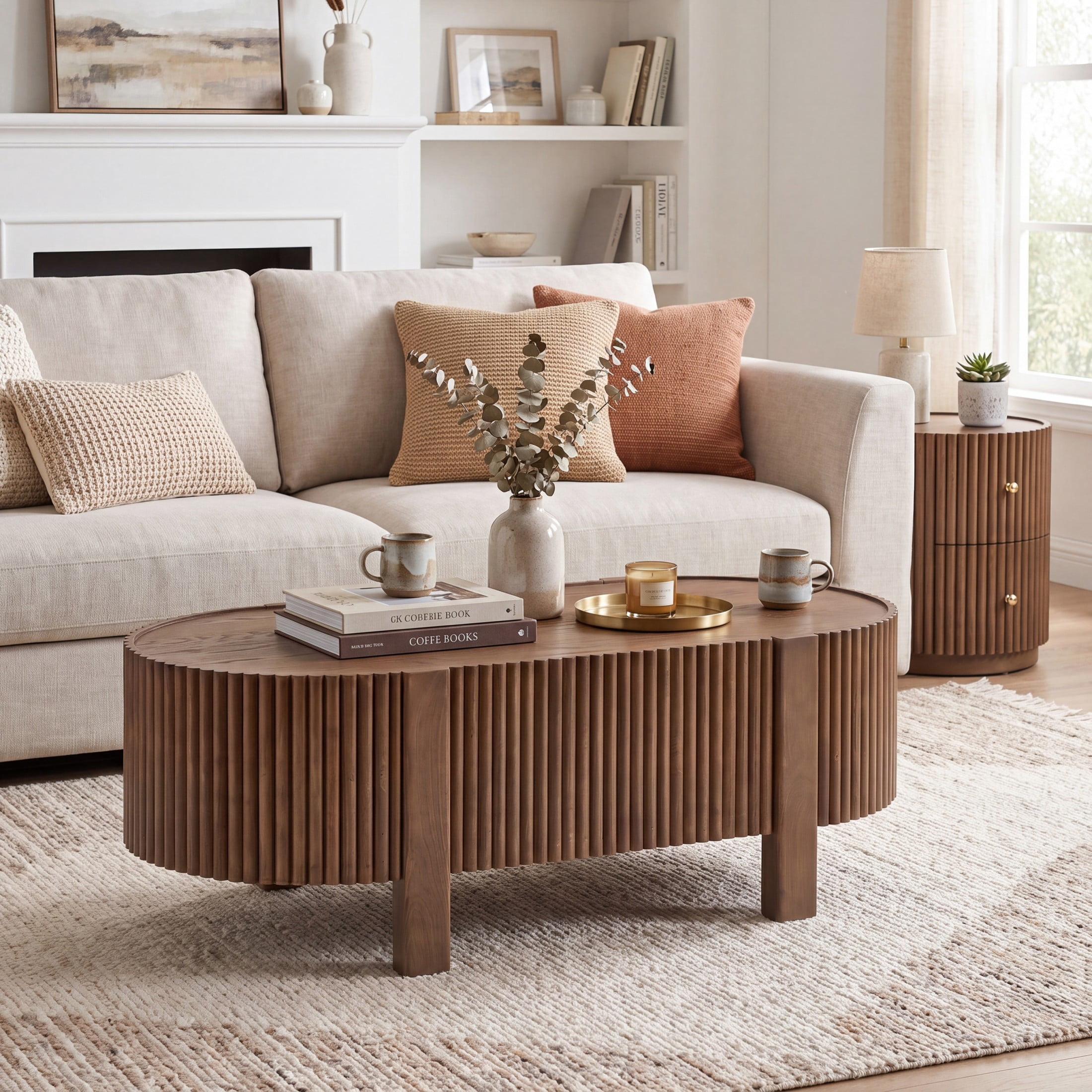 Christopher Knight Home 2-Piece Modern Fluted Coffee Table and End Table Set with Drawers, Walnut