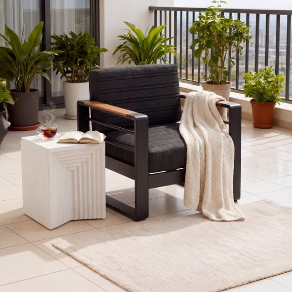 Christopher Knight Home 2-Piece Modern Patio Chat Set, Aluminum Club Chairs & Side Table, Black+White