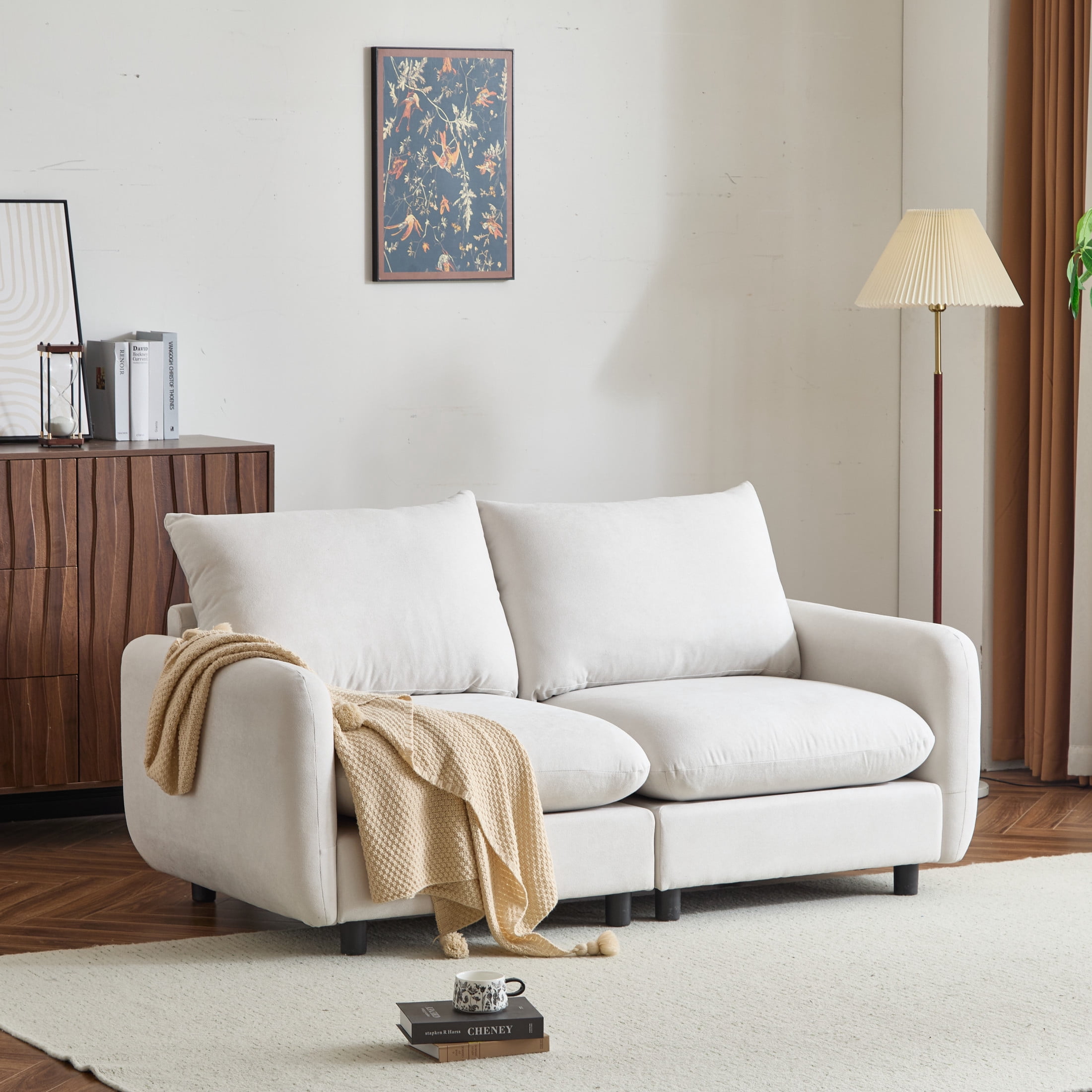 Christopher Knight Home 2-Piece Modular Sectional Sofa, 69" Upholstered Couch, Solid Wood Frame, White Sand