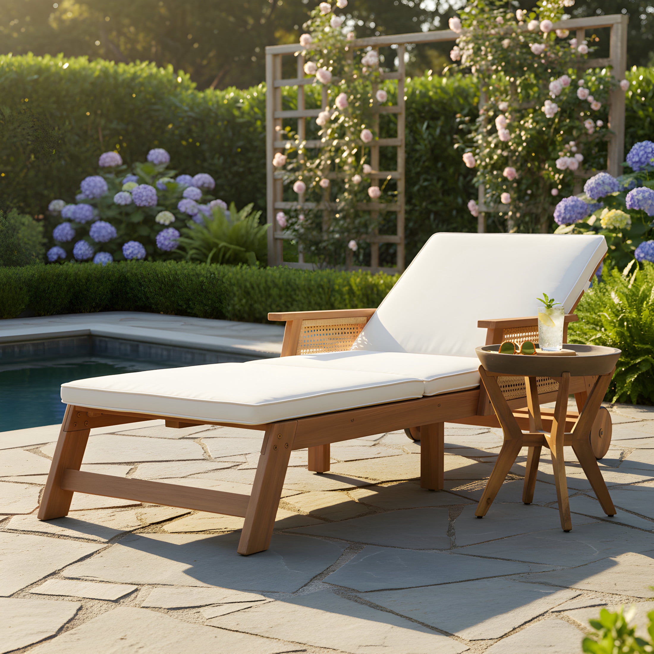 Christopher Knight Home 2-Piece Outdoor Acacia Wood Chaise Lounge and Side Table, Natural + Beige