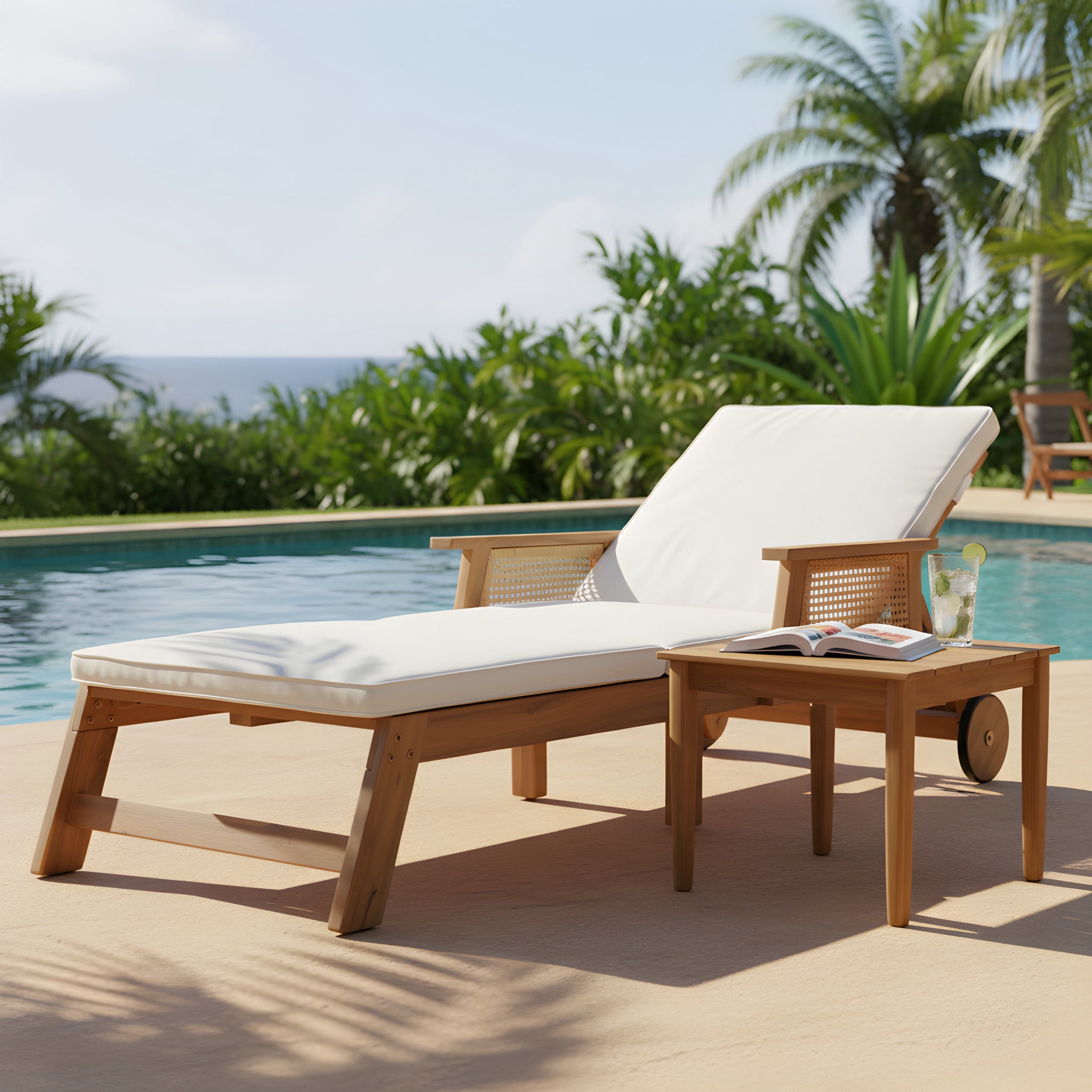 Christopher Knight Home 2-Piece Outdoor Acacia Wood Chaise Lounge and Slat Side Table, Natural + Beige