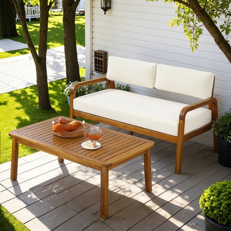 Christopher Knight Home 2-Piece Outdoor Acacia Wood Sofa Conversation Set with Cushions, Teak+Cream