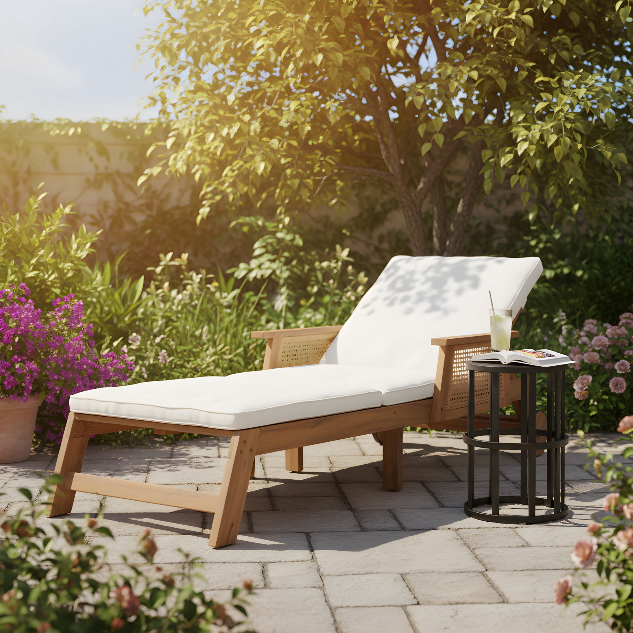 Christopher Knight Home 2-Piece Outdoor Chaise Lounge and Ceramic Tile Side Table, Natural + Black