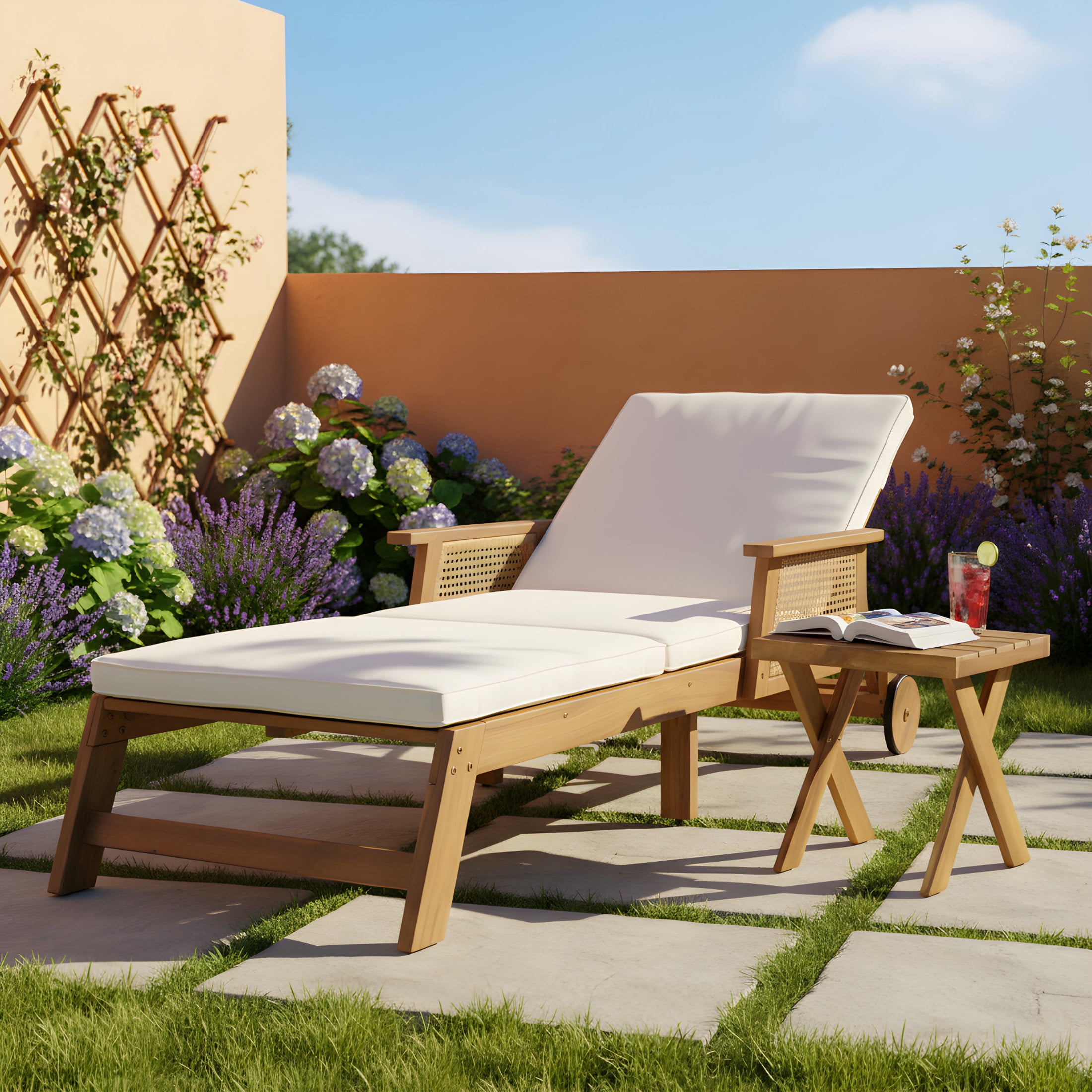 Christopher Knight Home 2-Piece Outdoor Chaise Lounge and Sandblast Side Table, Natural + Beige