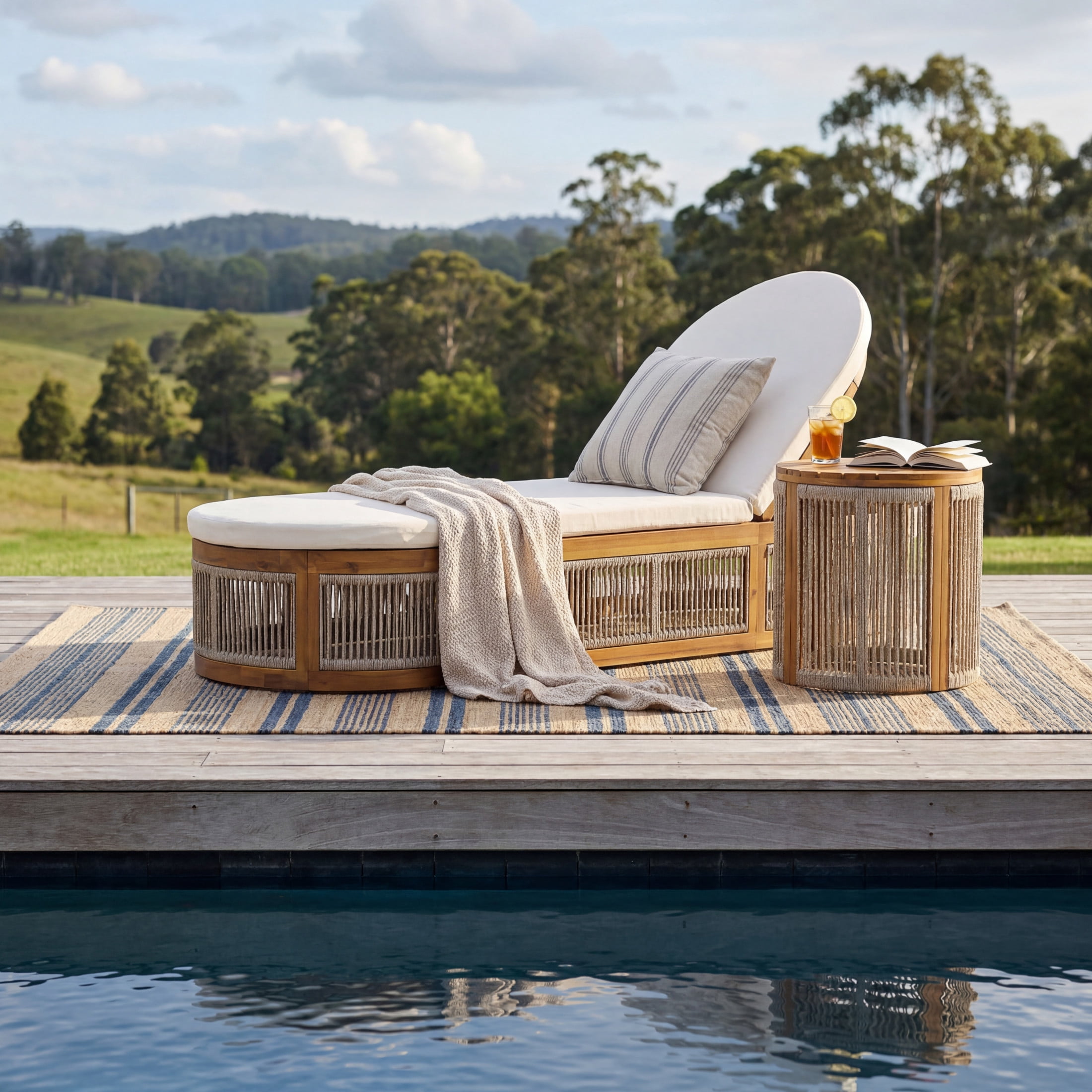 Christopher Knight Home 2-Piece Outdoor Chaise Lounge and Side Table Set with Cream Cushion, Teak + Brown