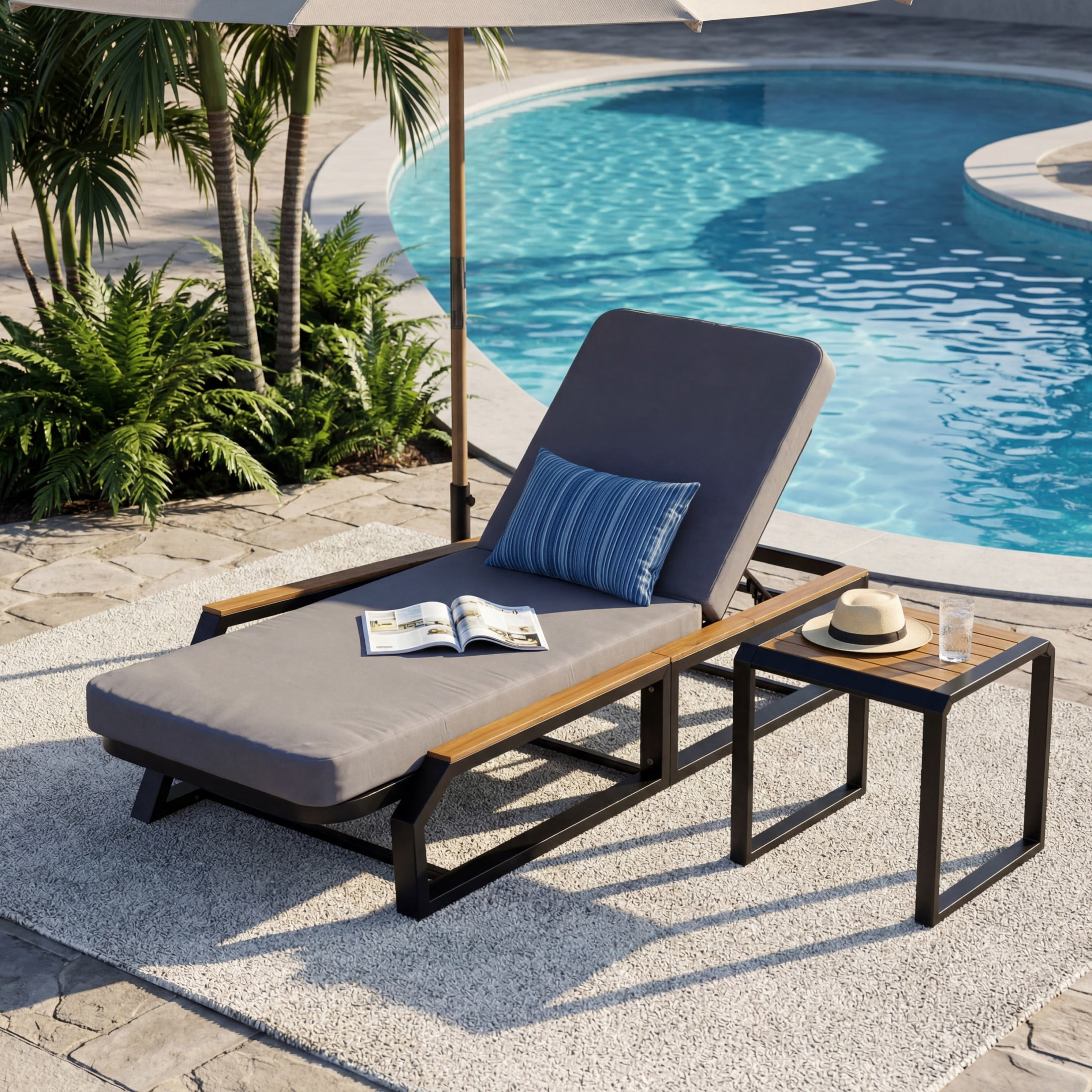 Christopher Knight Home 2-Piece Outdoor Chaise Lounge with Side Table, Iron Frame with Cushion, Black+Gray