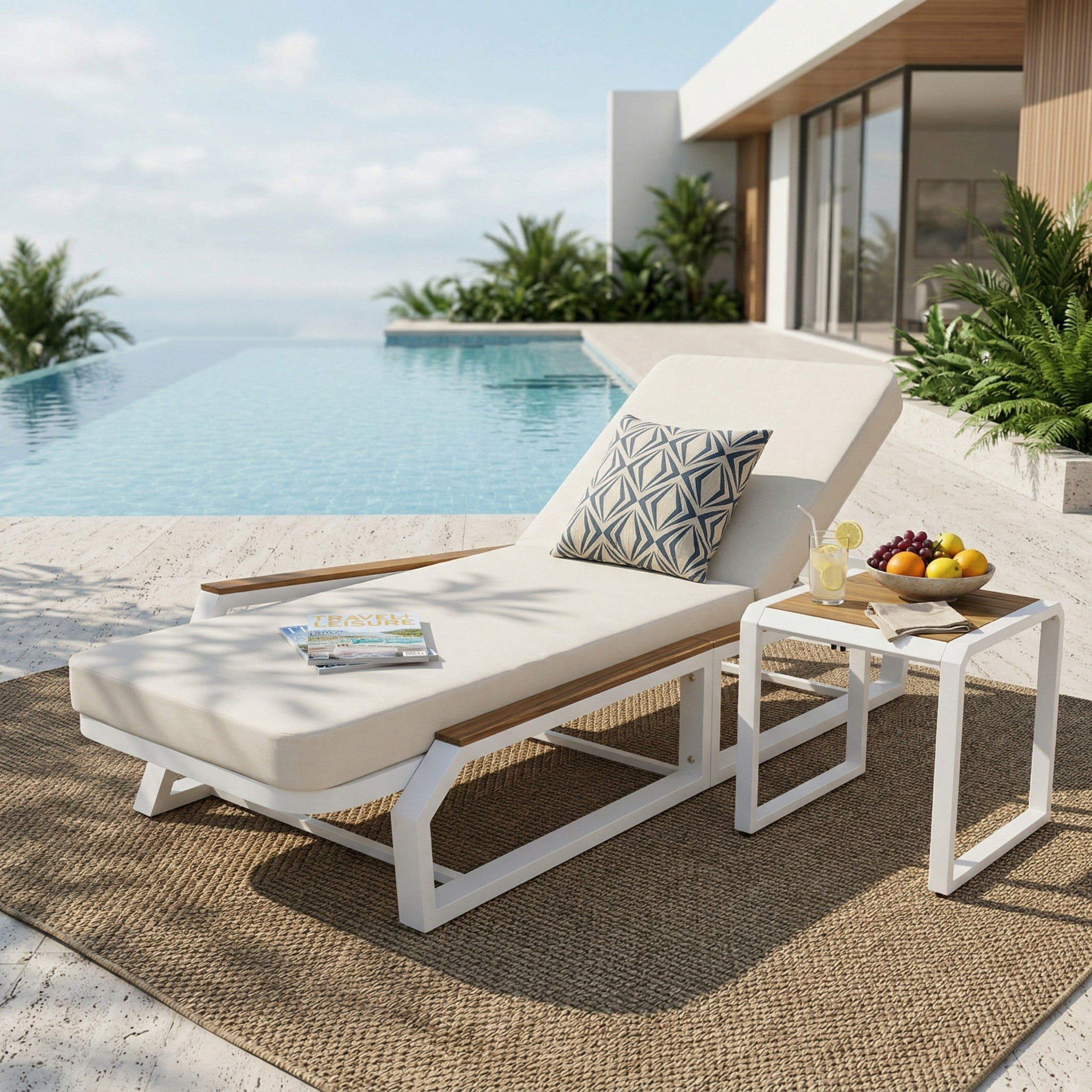Christopher Knight Home 2-Piece Outdoor Chaise Lounge with Side Table, Iron Frame with Cushion, White+Cream