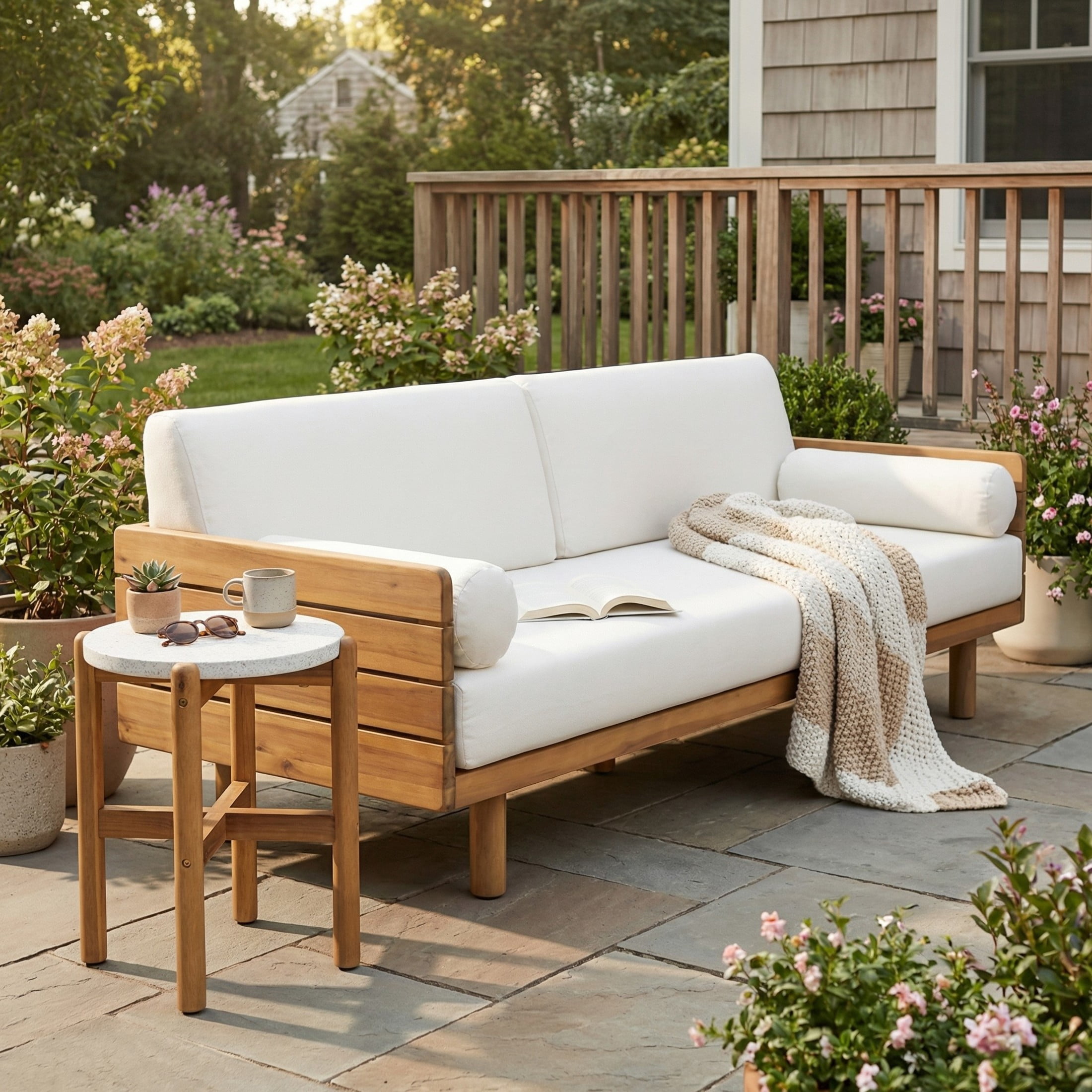 Christopher Knight Home 2-Piece Outdoor Chat Set, Acacia Wood Sofa with Side Table, 3 Seats, Light Teak