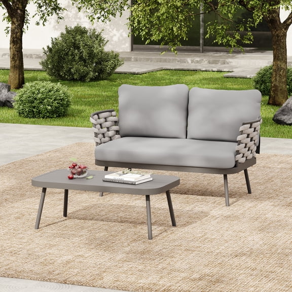 Christopher Knight Home 2-Piece Outdoor Furniture Set, Woven Rope Loveseat with Coffee Table, Dark Grey+Light Grey