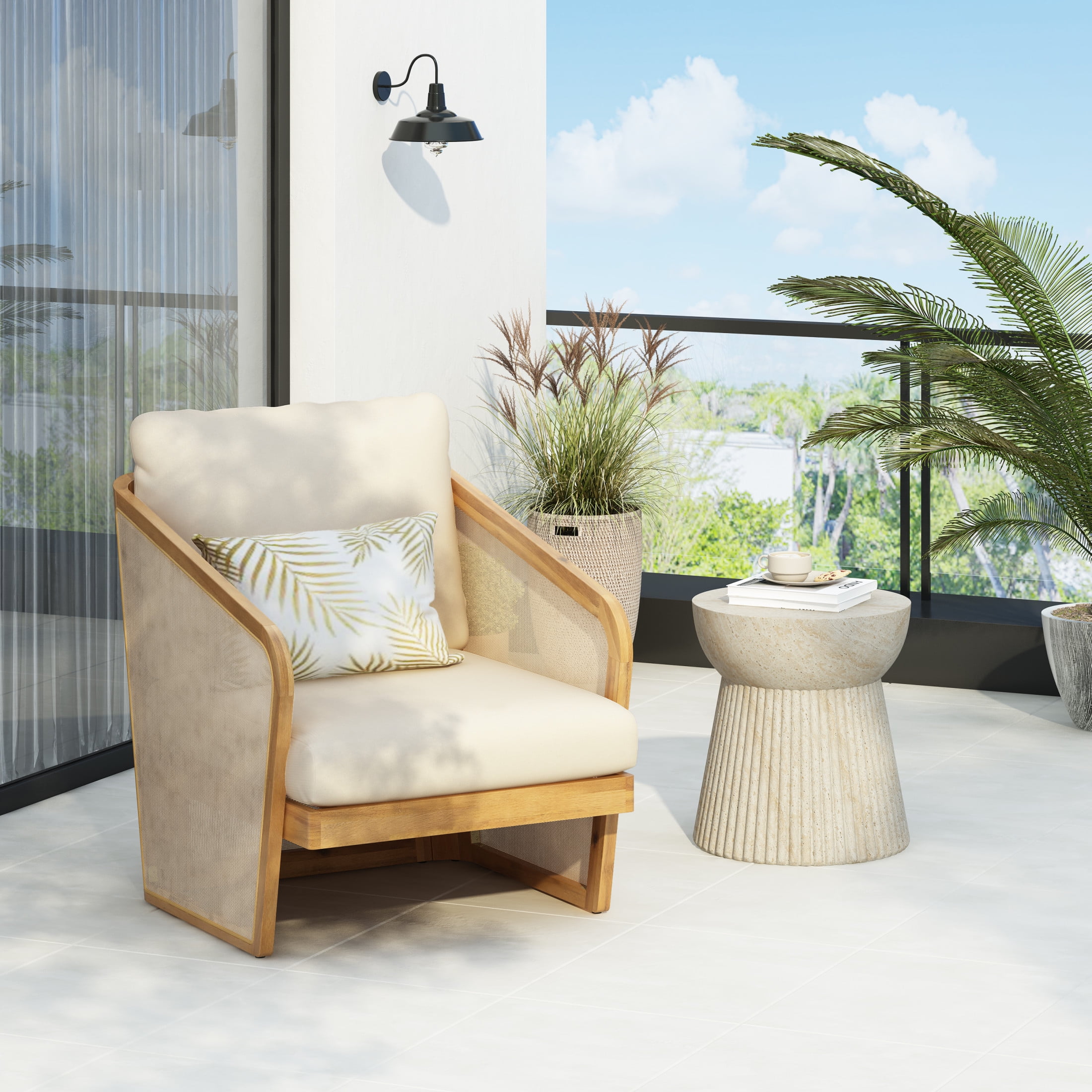 Christopher Knight Home 2-Piece Outdoor Lounge Set with Wood Reclining Chair and Concrete Side Table, Beige Cushion
