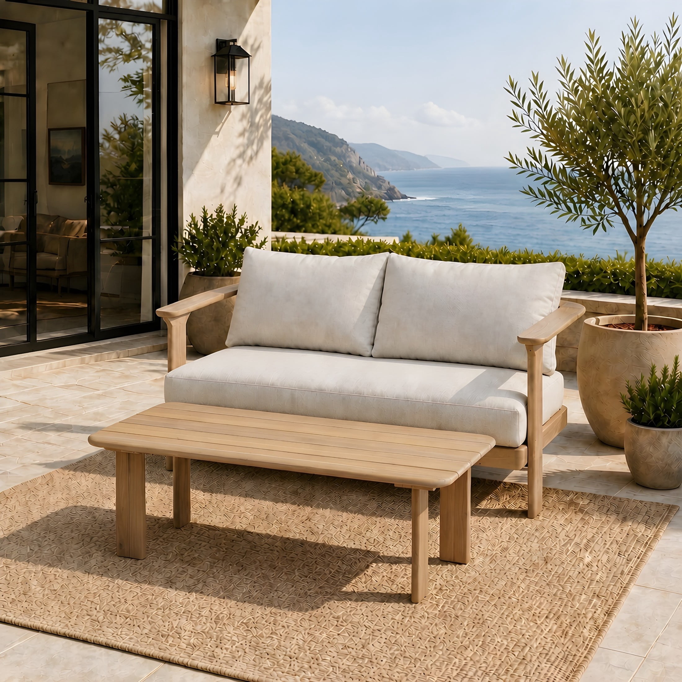 Christopher Knight Home 2-Piece Outdoor Loveseat and Coffee Table Set with Cushion, Brown+Beige