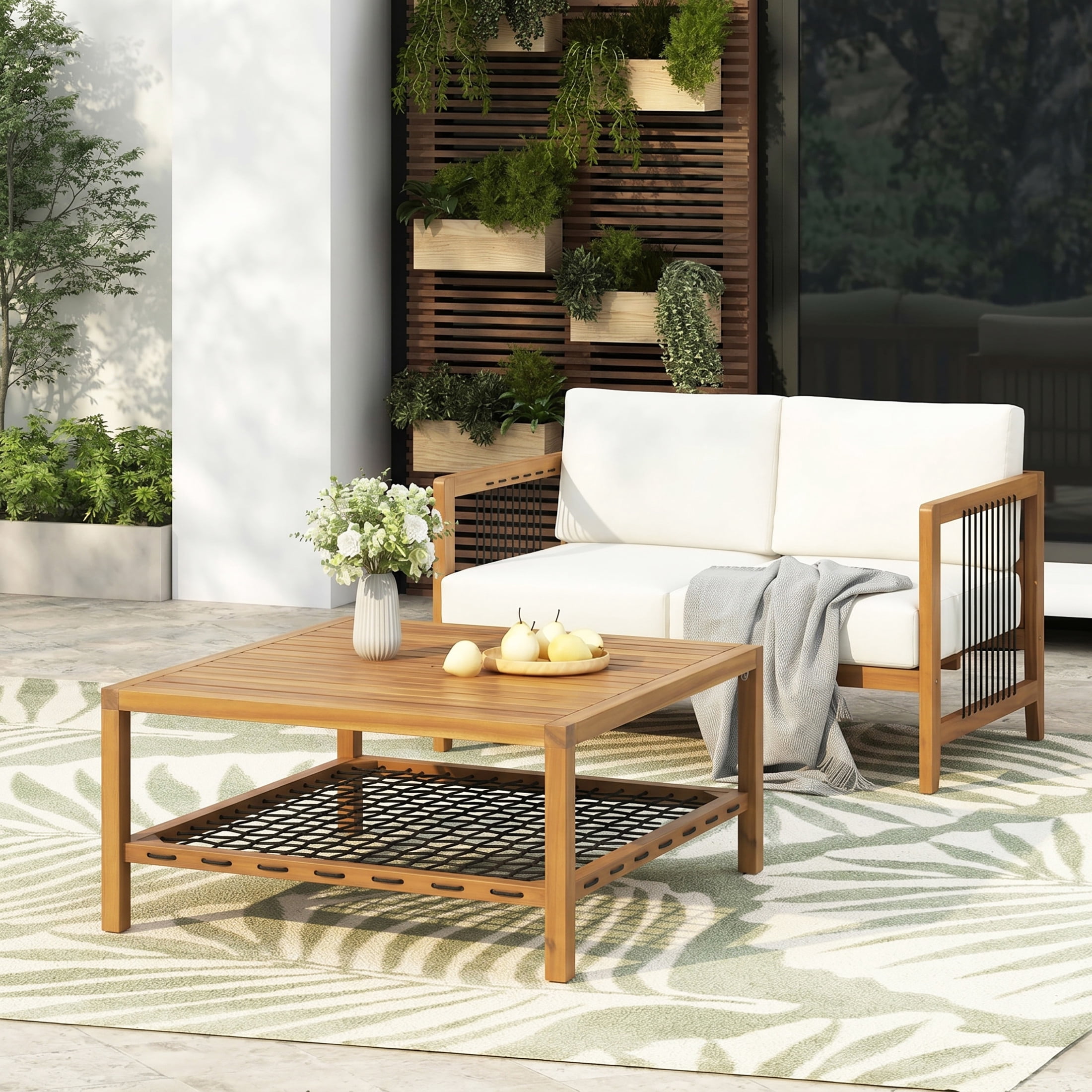 Christopher Knight Home 2-Piece Outdoor Loveseat with Coffee Table, Handwoven Rope and Cushions, Teak+Beige