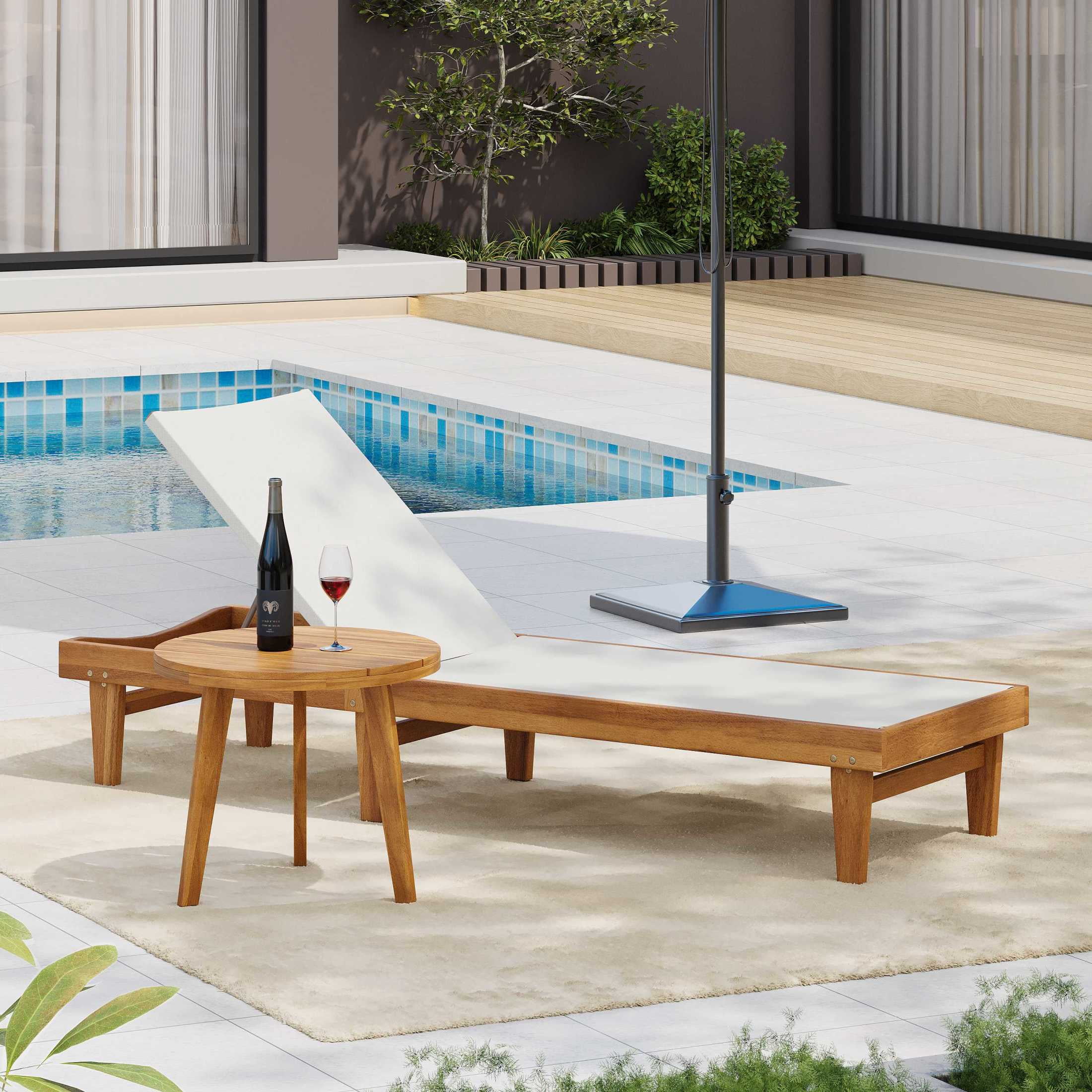 Christopher Knight Home 2-Piece Outdoor Patio Chaise Lounge with Round End Table, Wood Frame, White Mesh, Teak
