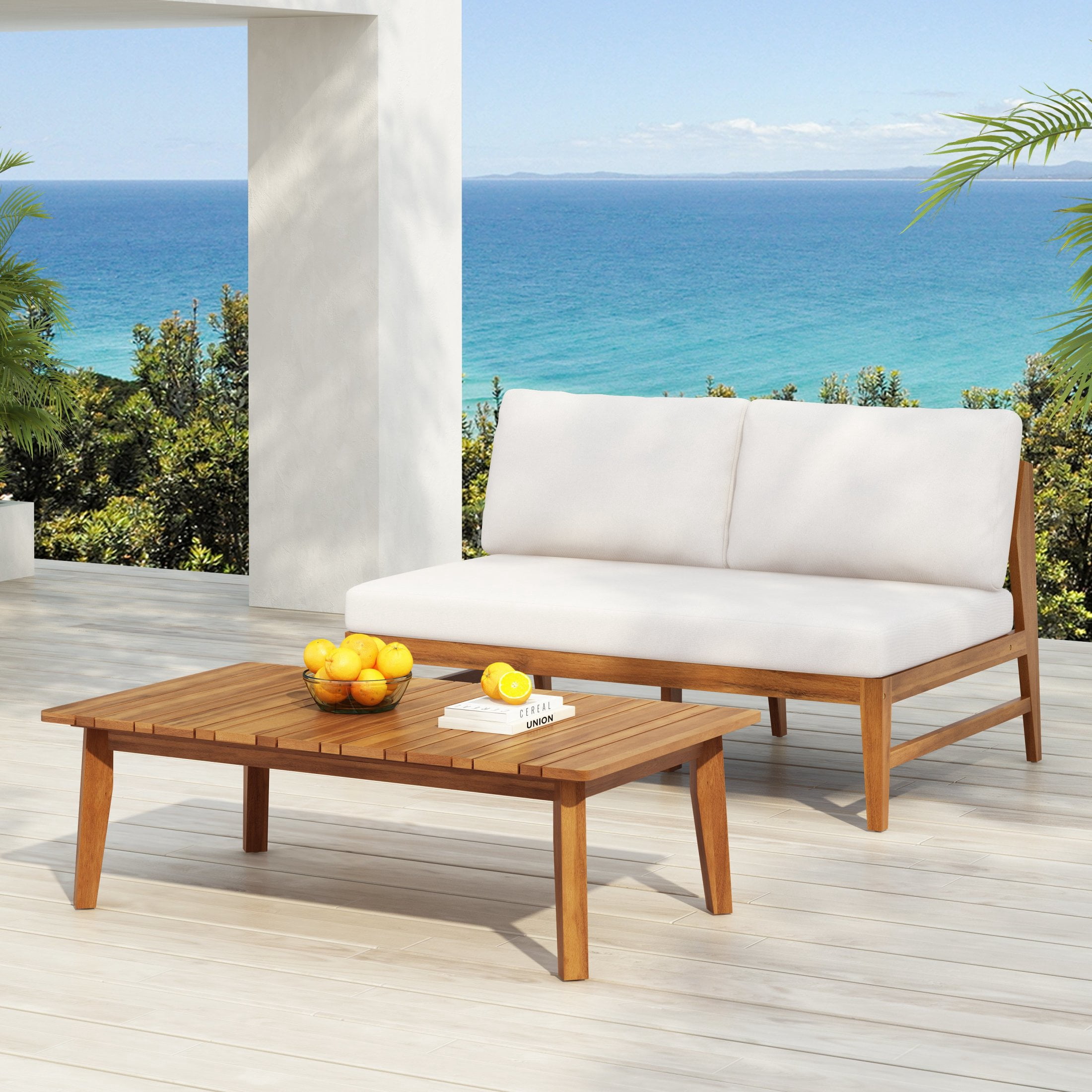 Christopher Knight Home 2-Piece Outdoor Patio Deep Seating Loveseat with Coffee Table, Acacia Wood Frame, Cream+Teak