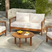 Christopher Knight Home 2-Piece Outdoor Patio Loveseat with Coffee Table, Teak Finish + Beige Cushions