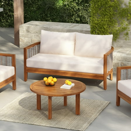 Christopher Knight Home 2-Piece Outdoor Patio Loveseat with Coffee Table, Teak Finish + Beige Cushions