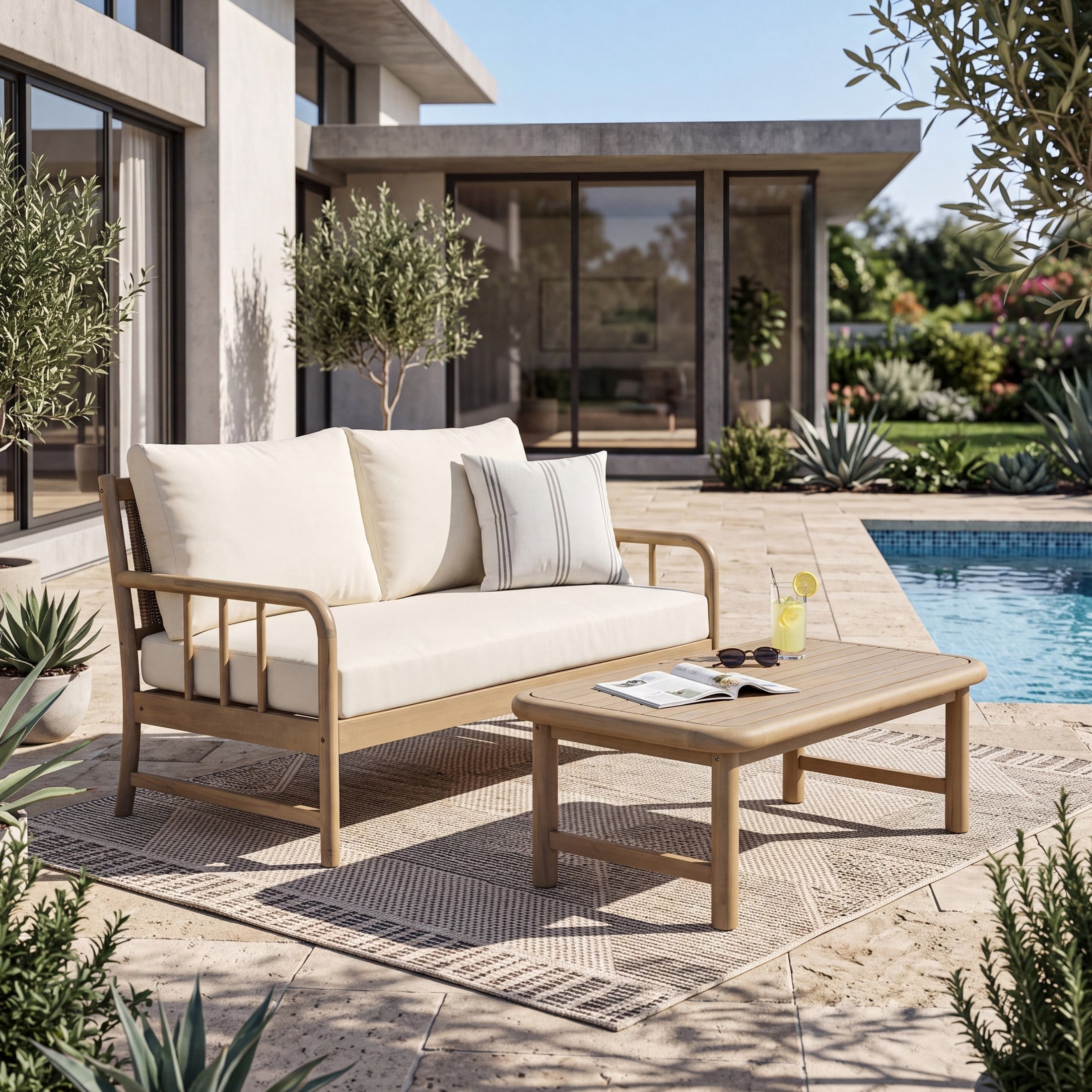 Christopher Knight Home 2-Piece Outdoor Patio Set, Acacia Wood Loveseat and Coffee Table, Light Teak+Beige