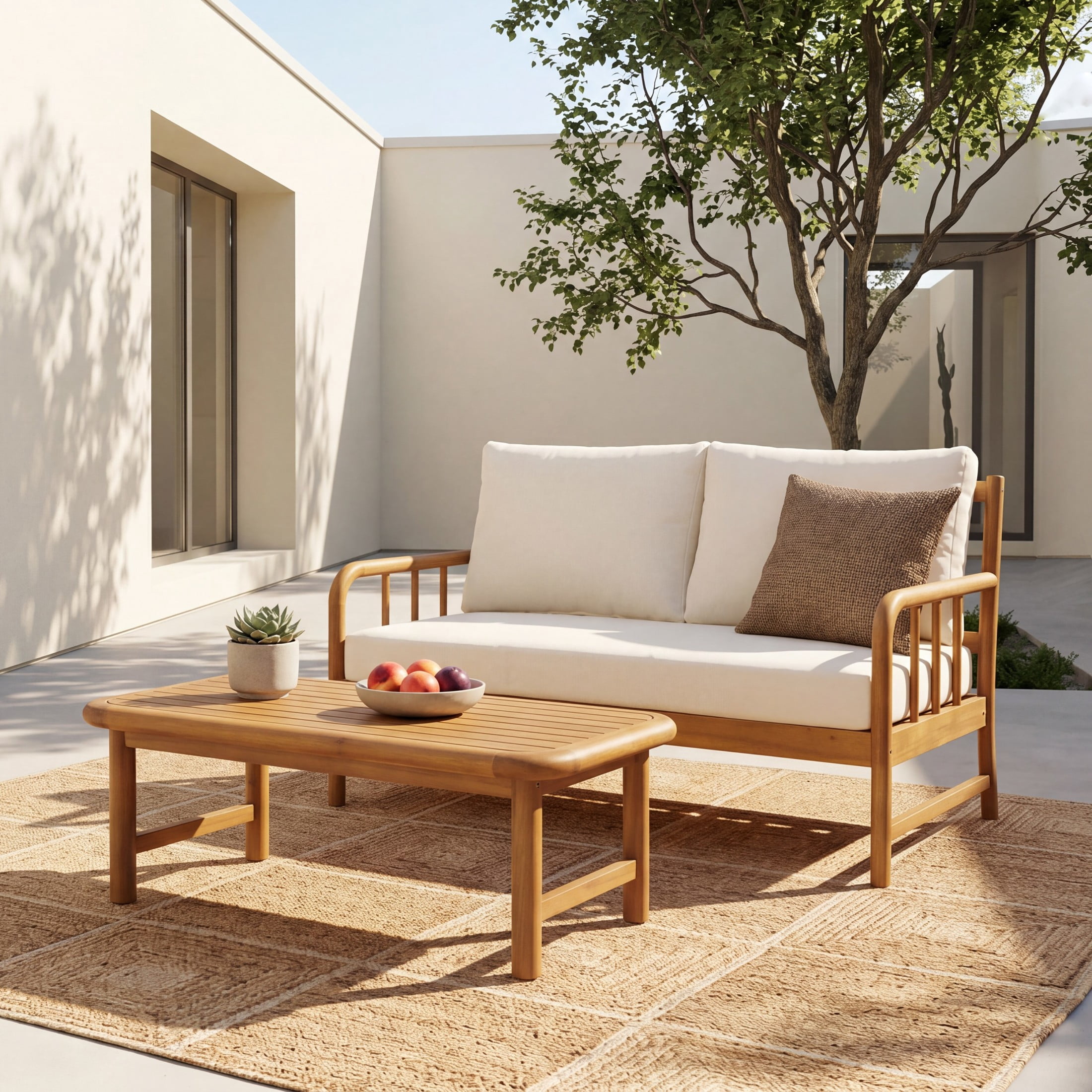 Christopher Knight Home 2-Piece Outdoor Patio Set, Acacia Wood Loveseat and Coffee Table, Teak+Beige