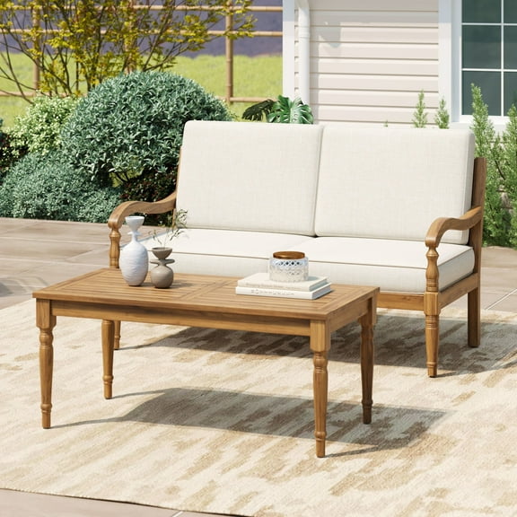 Christopher Knight Home 2-Piece Outdoor Sofa Seating Group with Cushions, Acacia Wood Patio Set, Natural + Beige