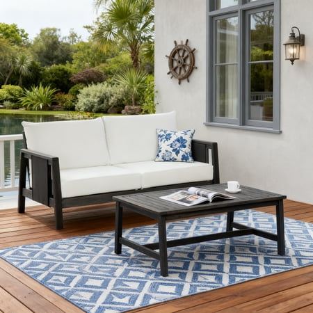 Christopher Knight Home 2-Piece Outdoor Wood Loveseat & Coffee Table Set, Black Textilene Accents, Dark Gray Finish
