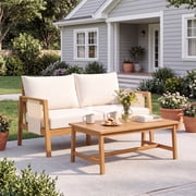 Christopher Knight Home 2-Piece Outdoor Wood Loveseat & Coffee Table Set, Brown Textilene Accents, Teak Finish