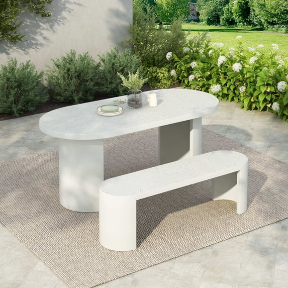Christopher Knight Home 2-Piece Oval Modern Outdoor Concrete Dining Table with Bench, Seats 2-3, White Terrazzo Finish