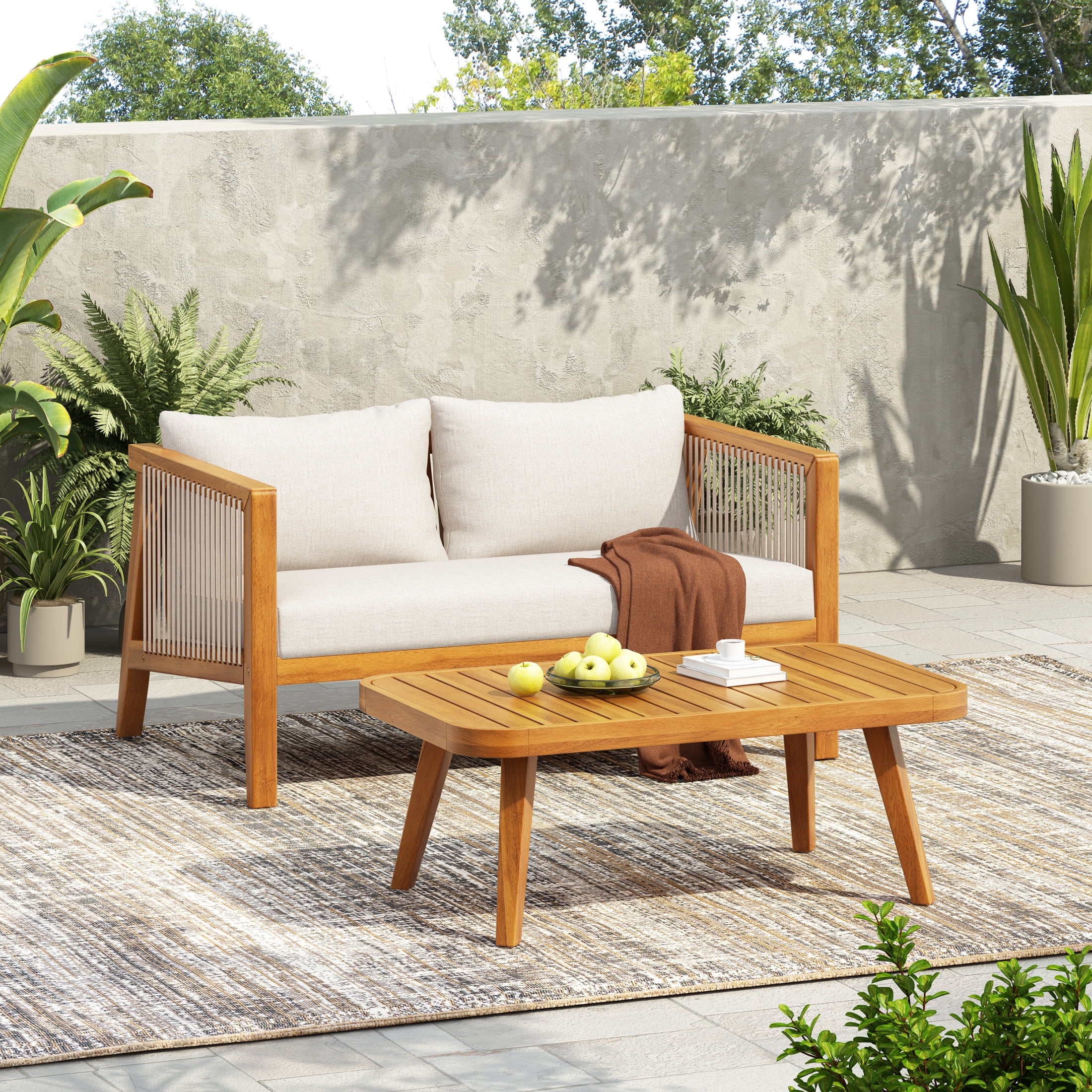 Christopher Knight Home 2-Piece Patio Conversation Set with Coffee Table & Rope Arm Sofa, Teak+Beige