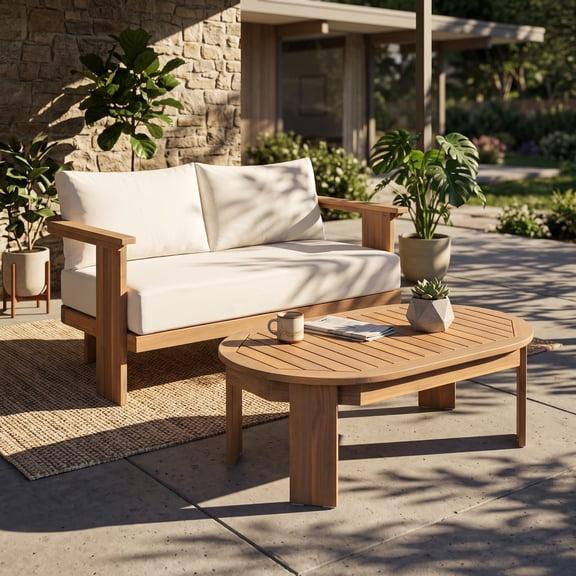 Christopher Knight Home 2-Piece Patio Conversation Set with Cushions, Oval Coffee Table, Light Teak+Beige