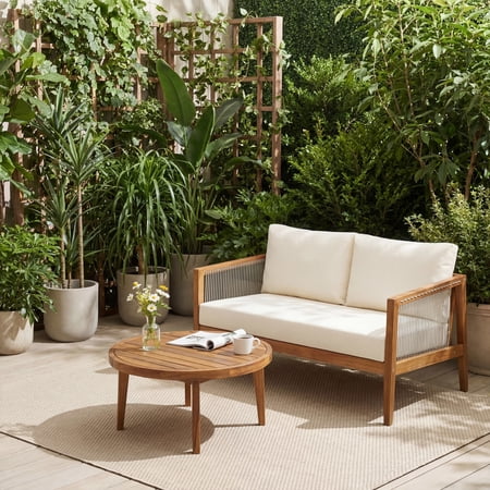 Christopher Knight Home 2-Piece Patio Conversation Set with Water-Repellent Cushions, Teak + Beige