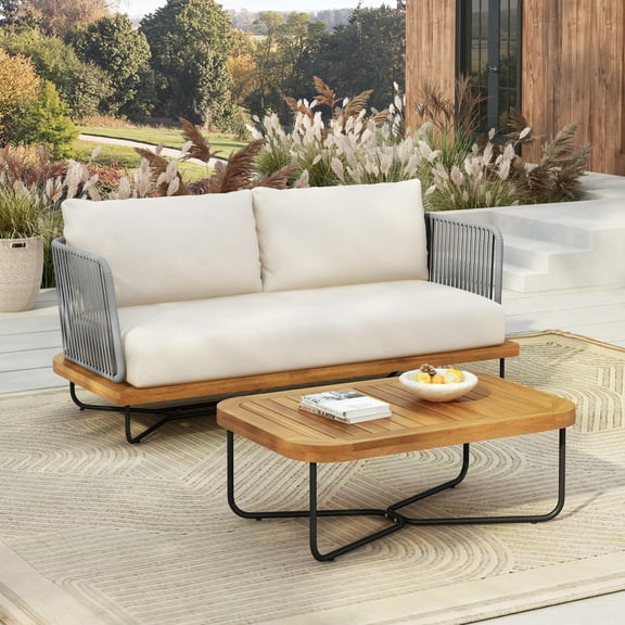 Christopher Knight Home 2-Piece Patio Furniture Outdoor Loveseat Set, Rope Woven Loveseat with Coffee Table, Beige Cushion