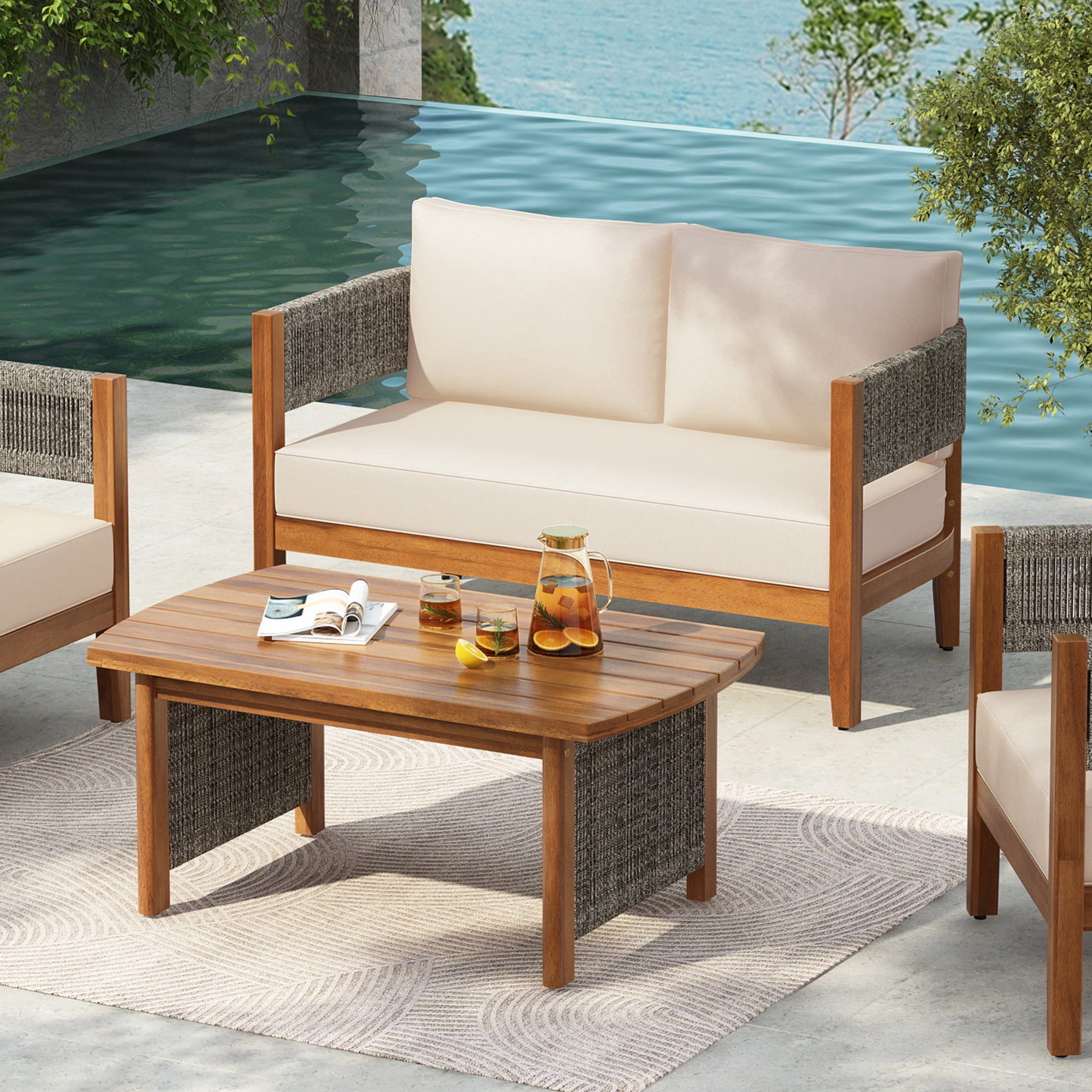 Christopher Knight Home 2-Piece Patio Furniture Set, Acacia Wood Tub Loveseat with Woven Rope Table and Beige Cushions, Weather-Resistant, Teak