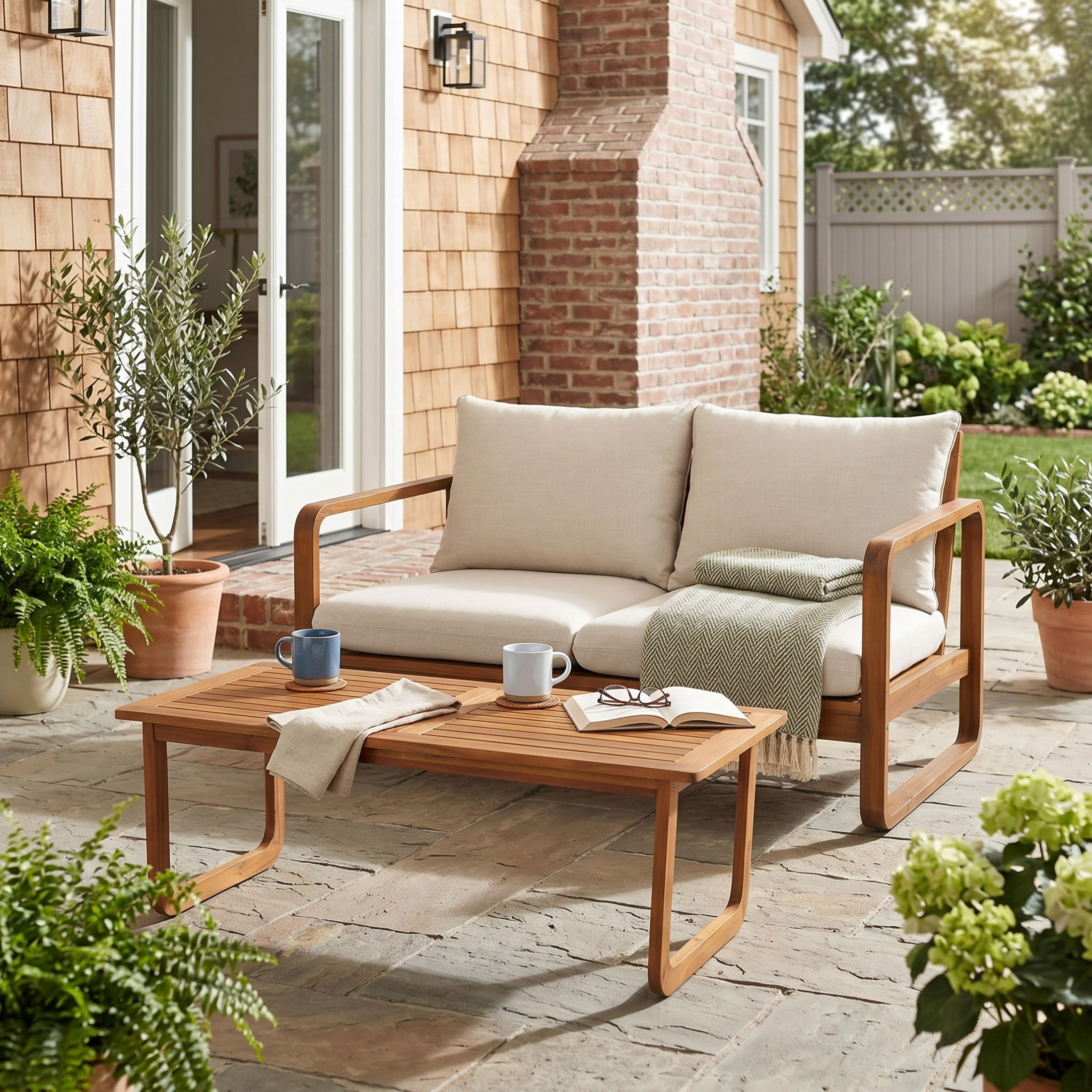 Christopher Knight Home 2-Piece Patio Loveseat Set, Acacia Wood Sofa & Coffee Table, Teak+Beige