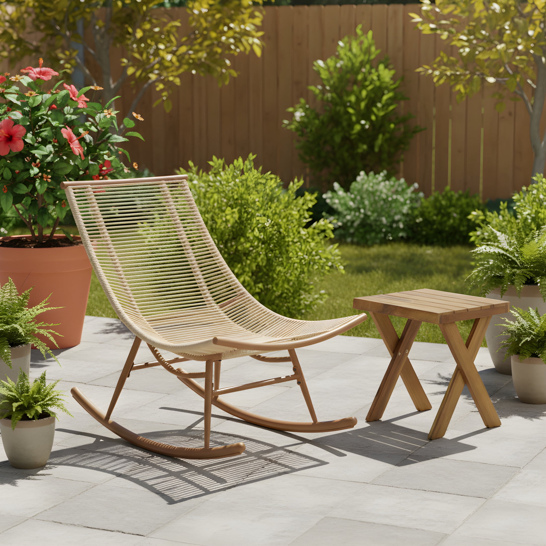 Christopher Knight Home 2-Piece Smooth Arc Outdoor Rocking Chair with Acacia Cross Base Side Table, Beige