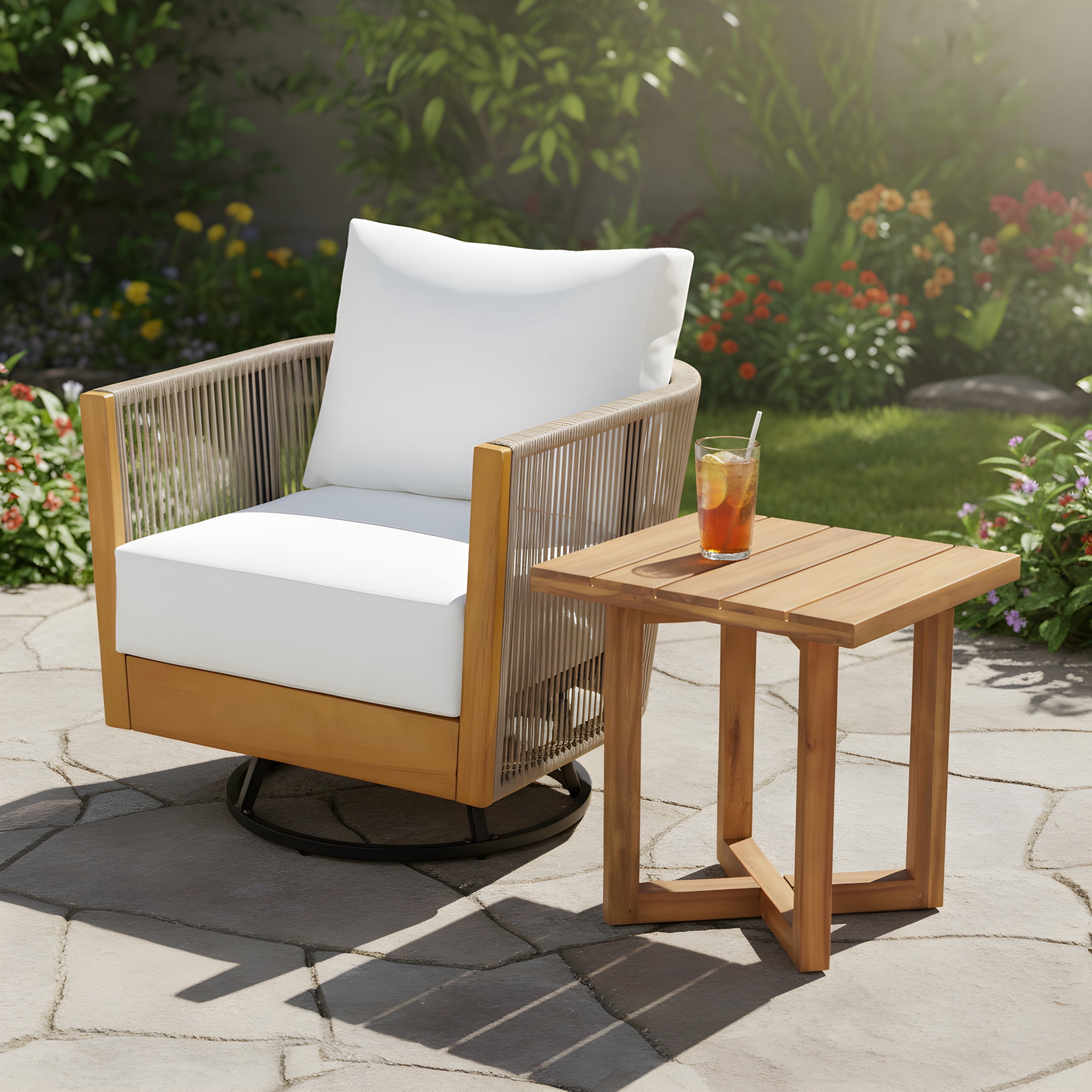 Christopher Knight Home 2-Piece Swivel Chair and Cross-Stretcher Side Table Set, Natural + Beige
