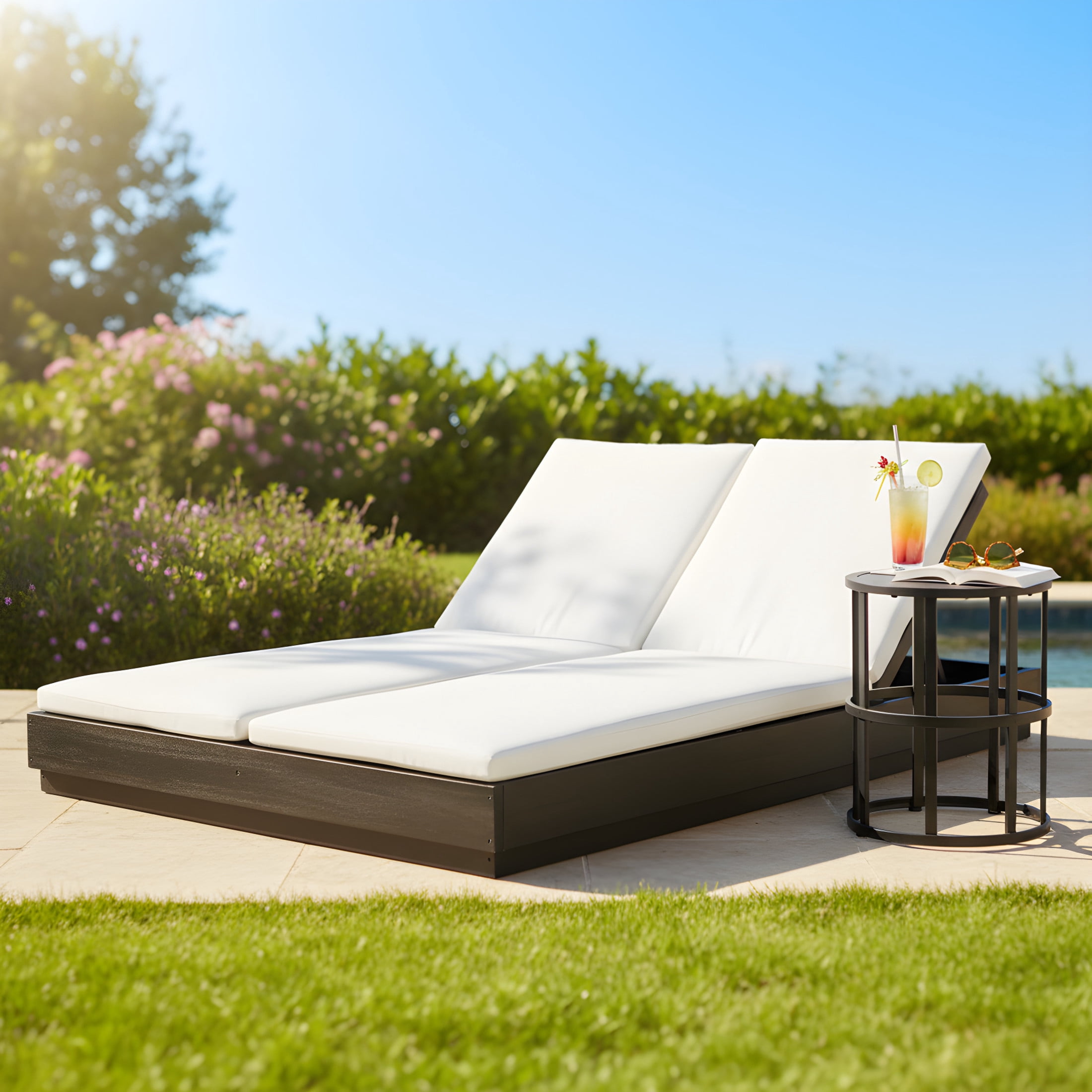 Christopher Knight Home 2-Piece Wood Adjustable Double Chaise Lounge with 16.5" Ceramic Tile Side Table, Black