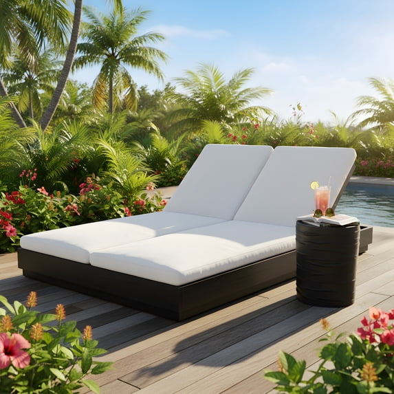Christopher Knight Home 2-Piece Wood Adjustable Double Chaise Lounge with Concrete Side Table, Black