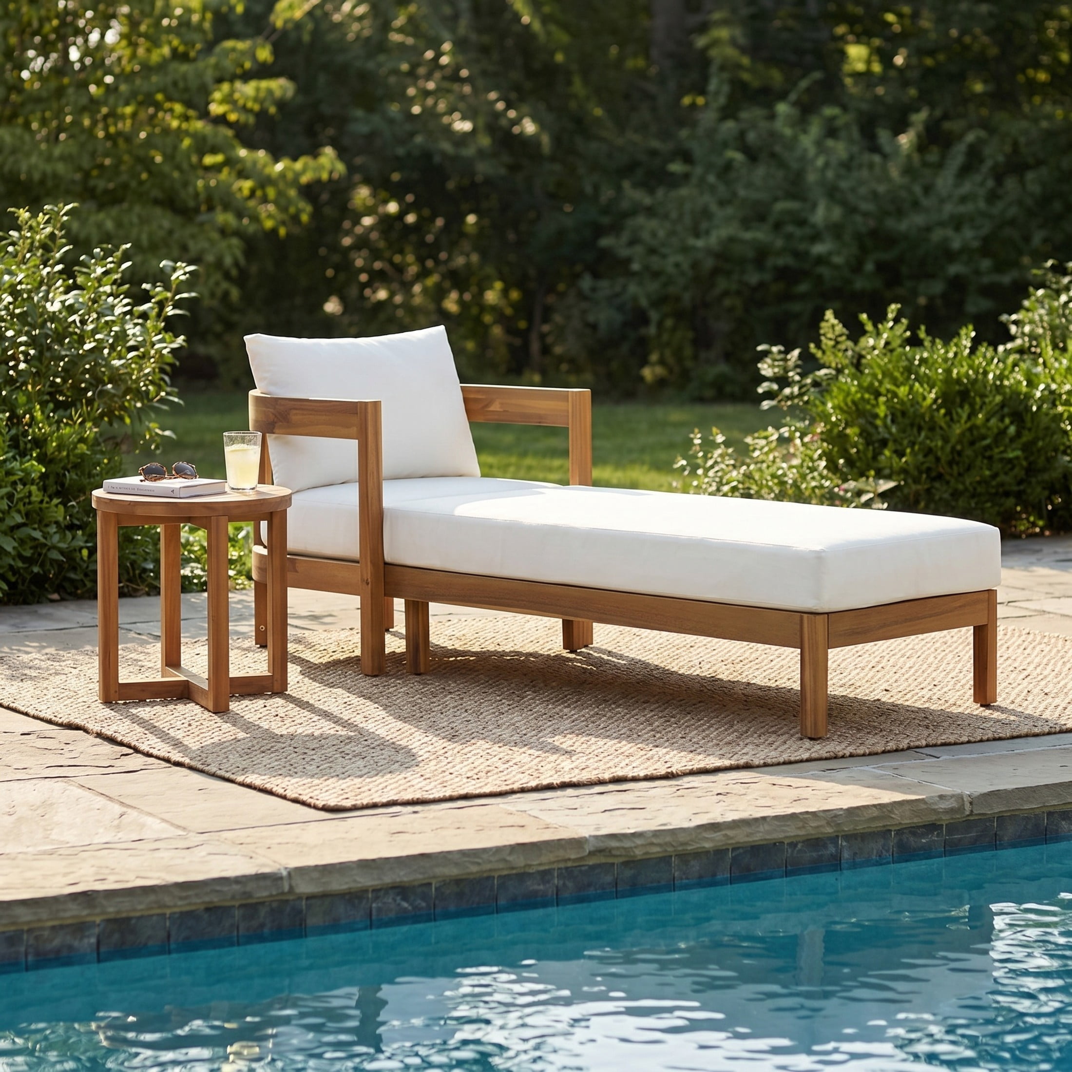 Christopher Knight Home 2-Piece Wood Outdoor Chaise Lounge Set with Round Side Table, Teak+Cream