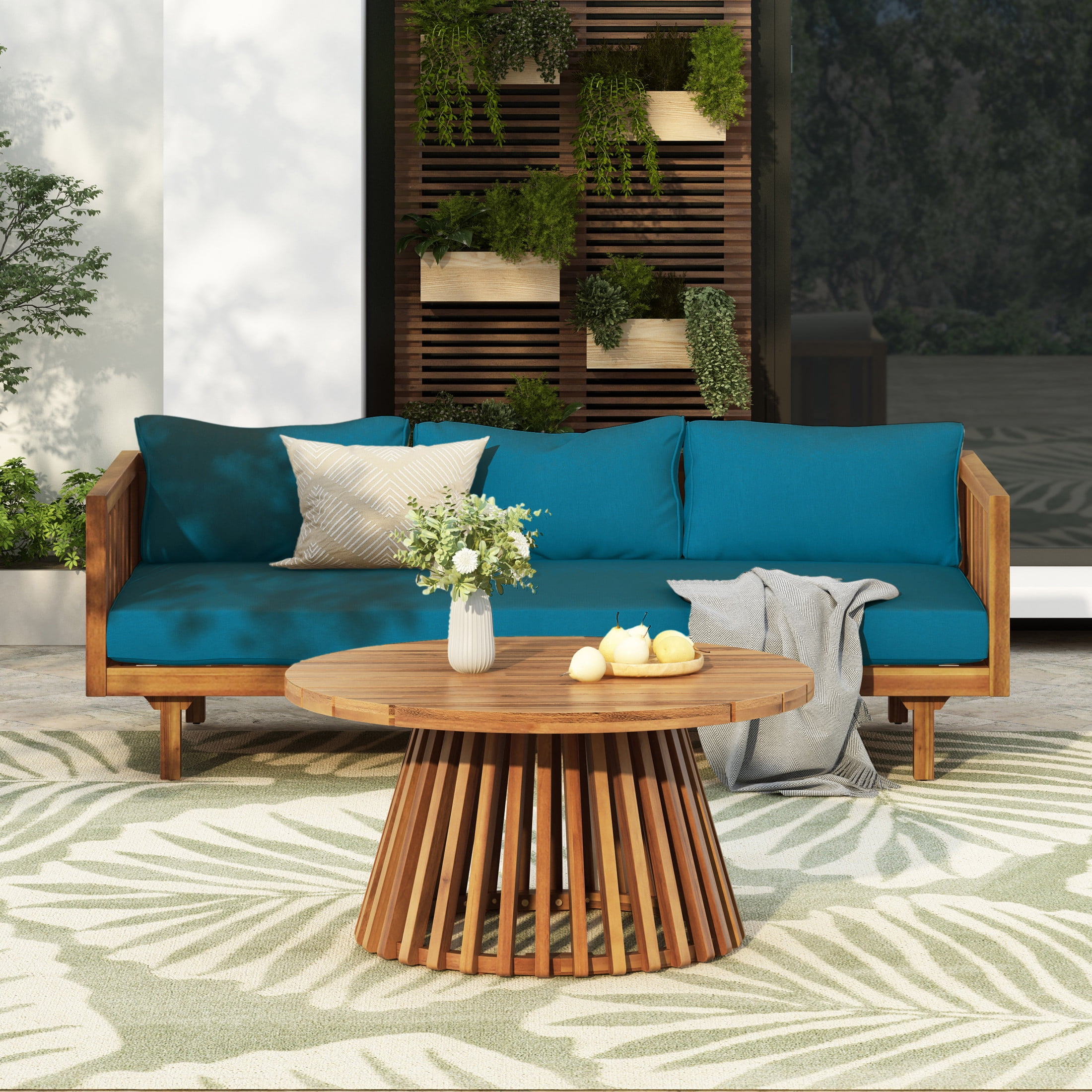 Christopher Knight Home 2 Piece Wood Outdoor Daybed with Cushion and Round Coffee Table, Dark Teal Cushion