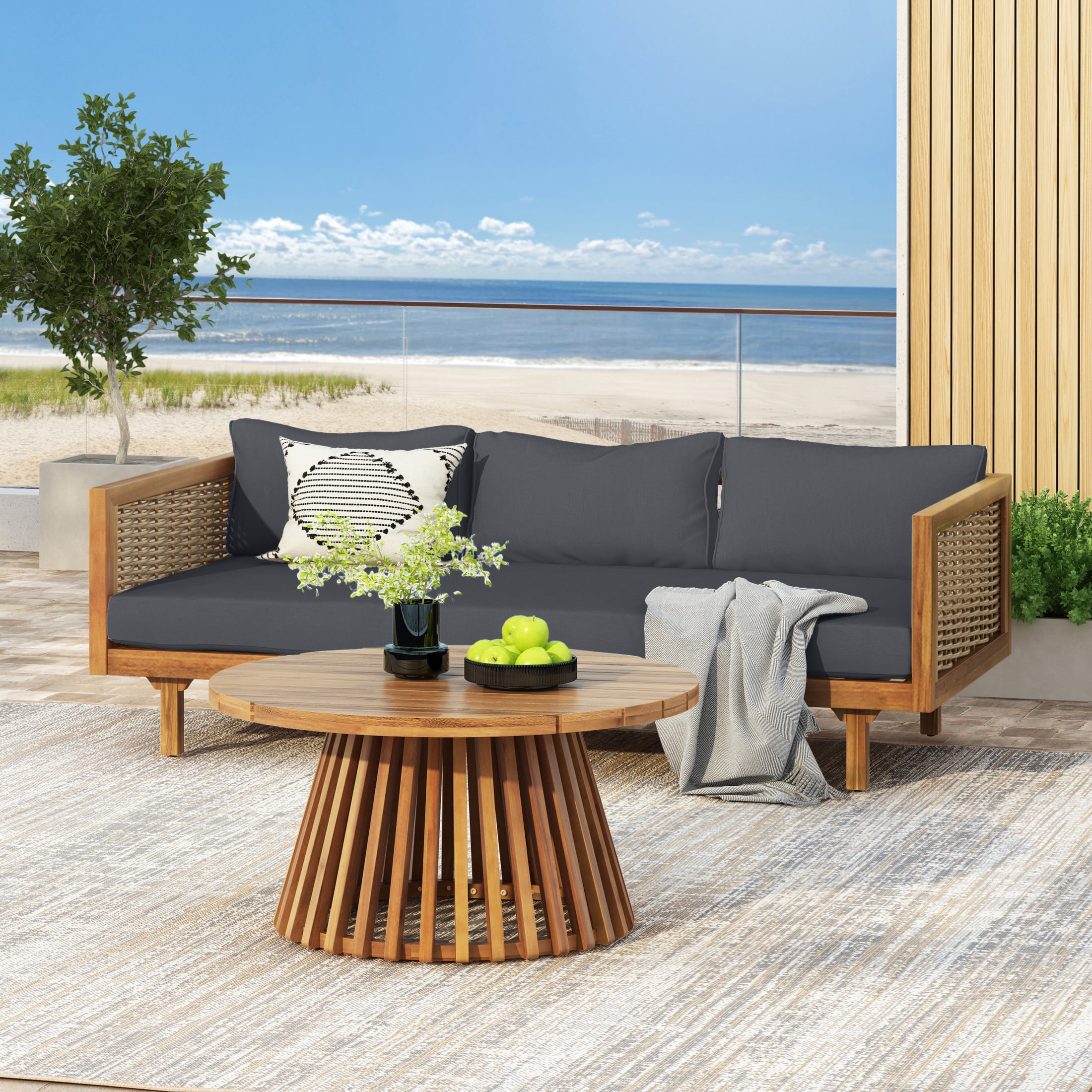Christopher Knight Home 2 Piece Wood Outdoor Daybed with Rattan Accent and Round Coffee Table, Dark Grey Cushion