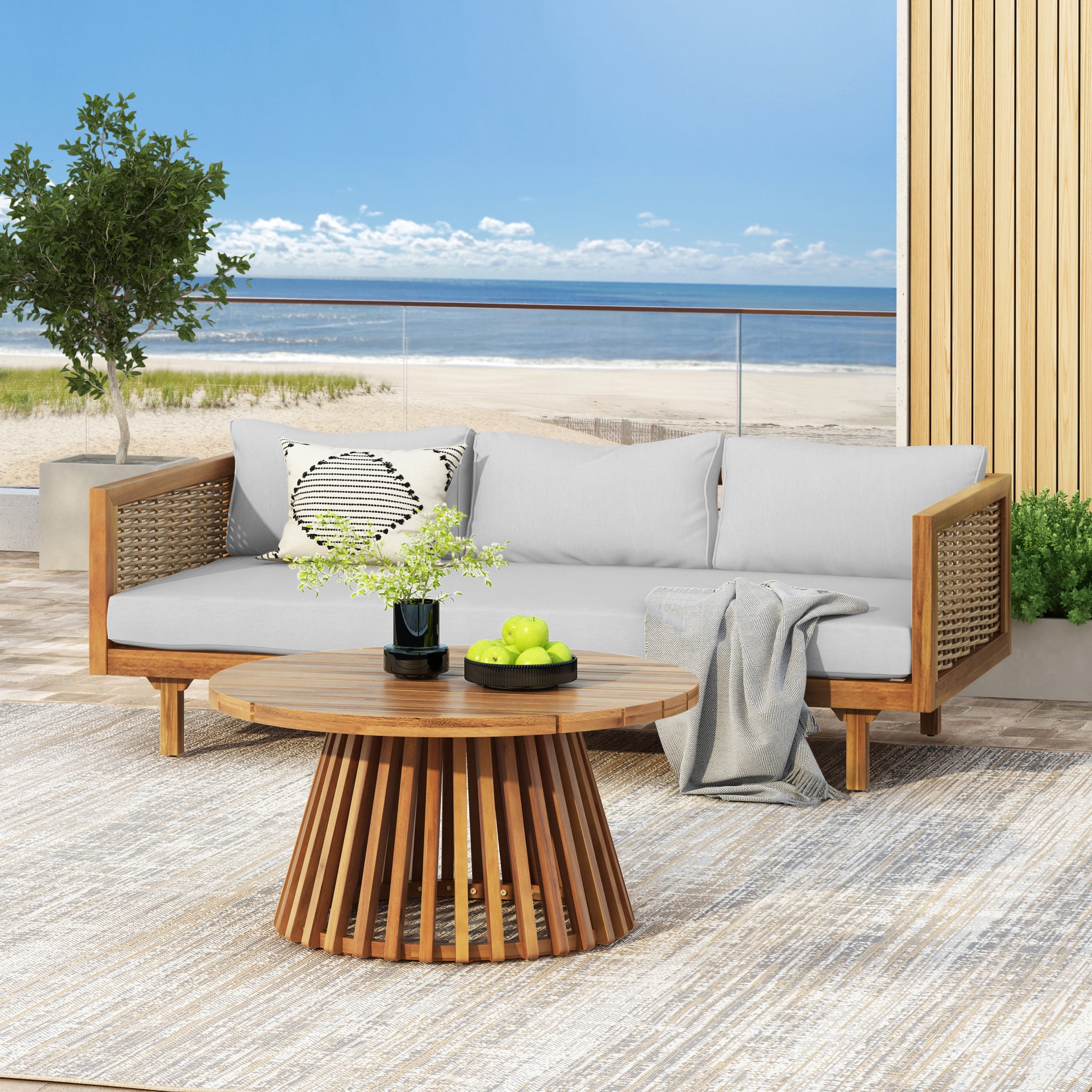 Christopher Knight Home 2 Piece Wood Outdoor Daybed with Rattan Accent and Round Coffee Table, Light Gray Cushion