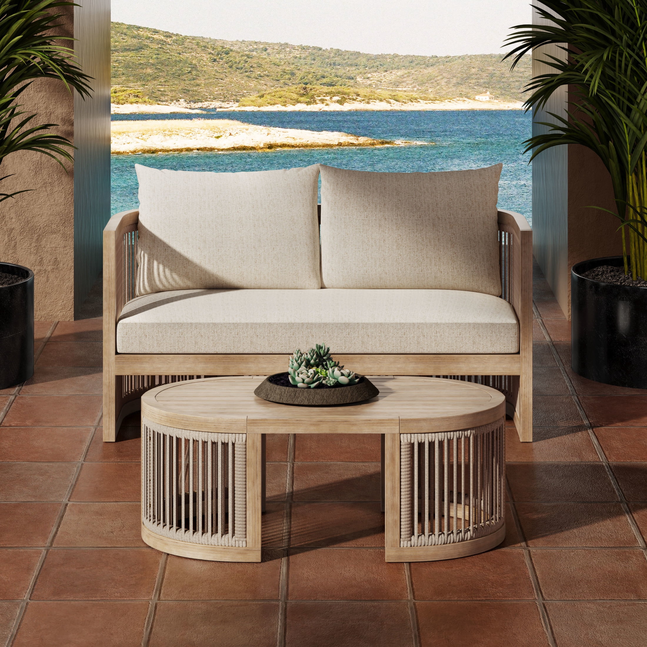 Christopher Knight Home 2-Piece Wood Outdoor Patio Furniture Set, Woven Rope Loveseat with Coffee Table, Beige Cushions