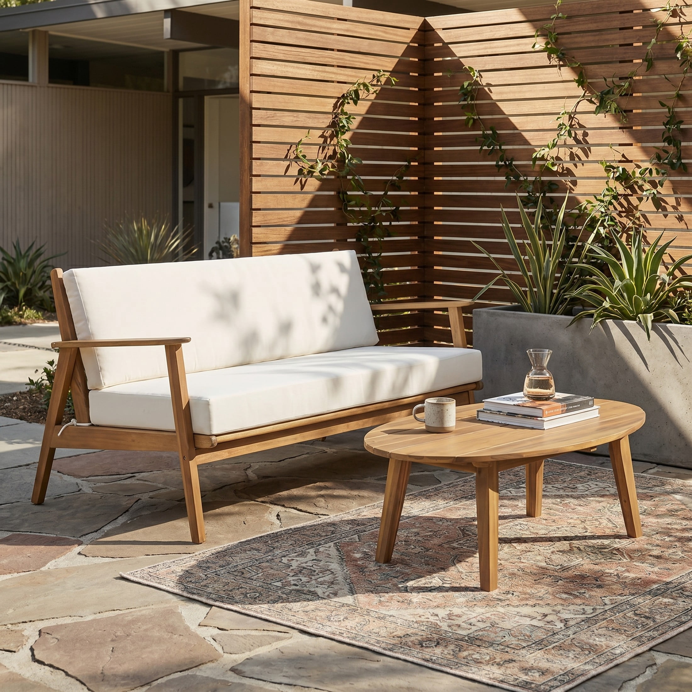 Christopher Knight Home 2-Piece Wood Patio Chat Set with Loveseat and Coffee Table, Light Teak+Beige